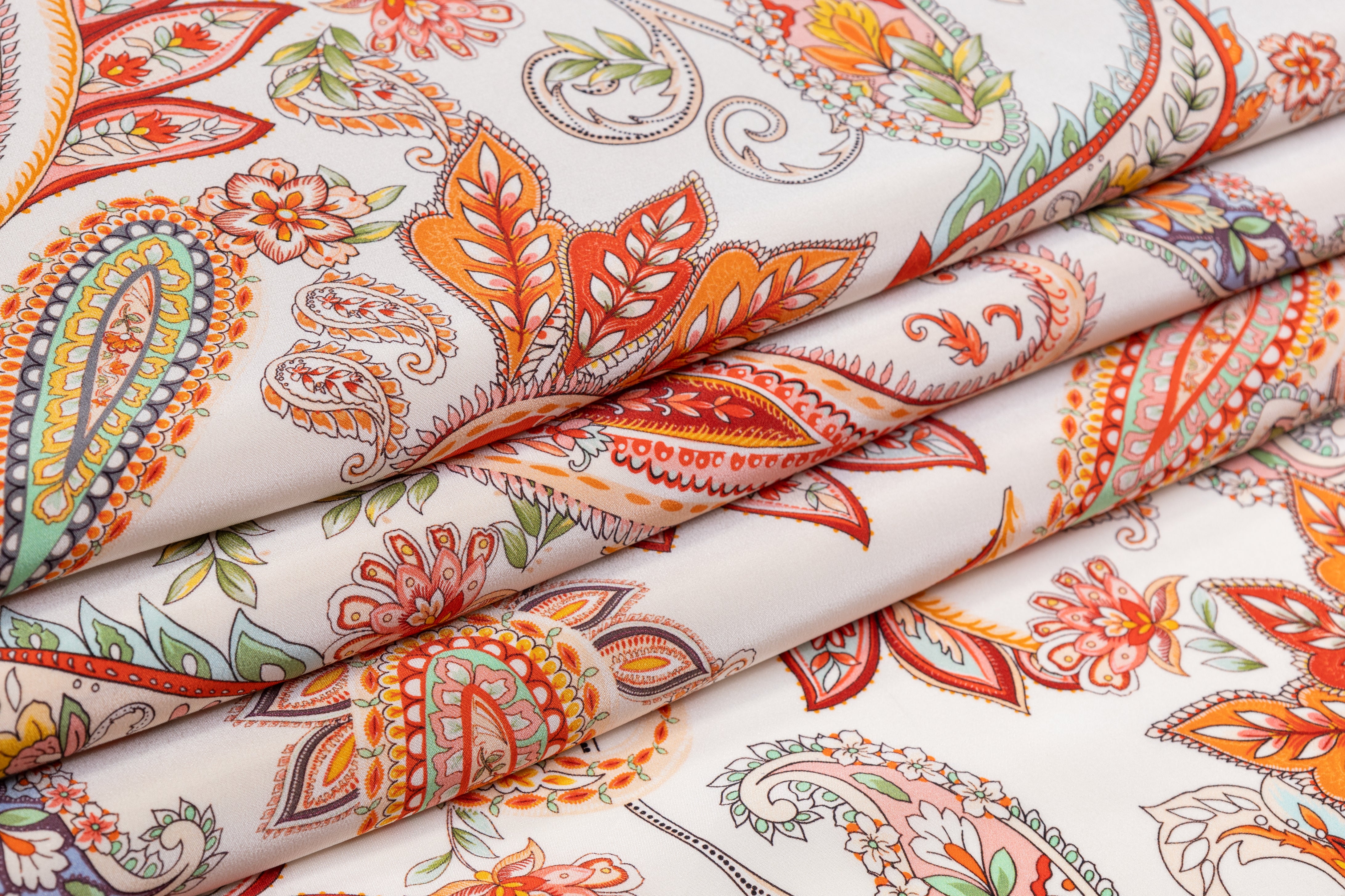 Paisley Italian Silk Crepe de Chine - Orange / Red