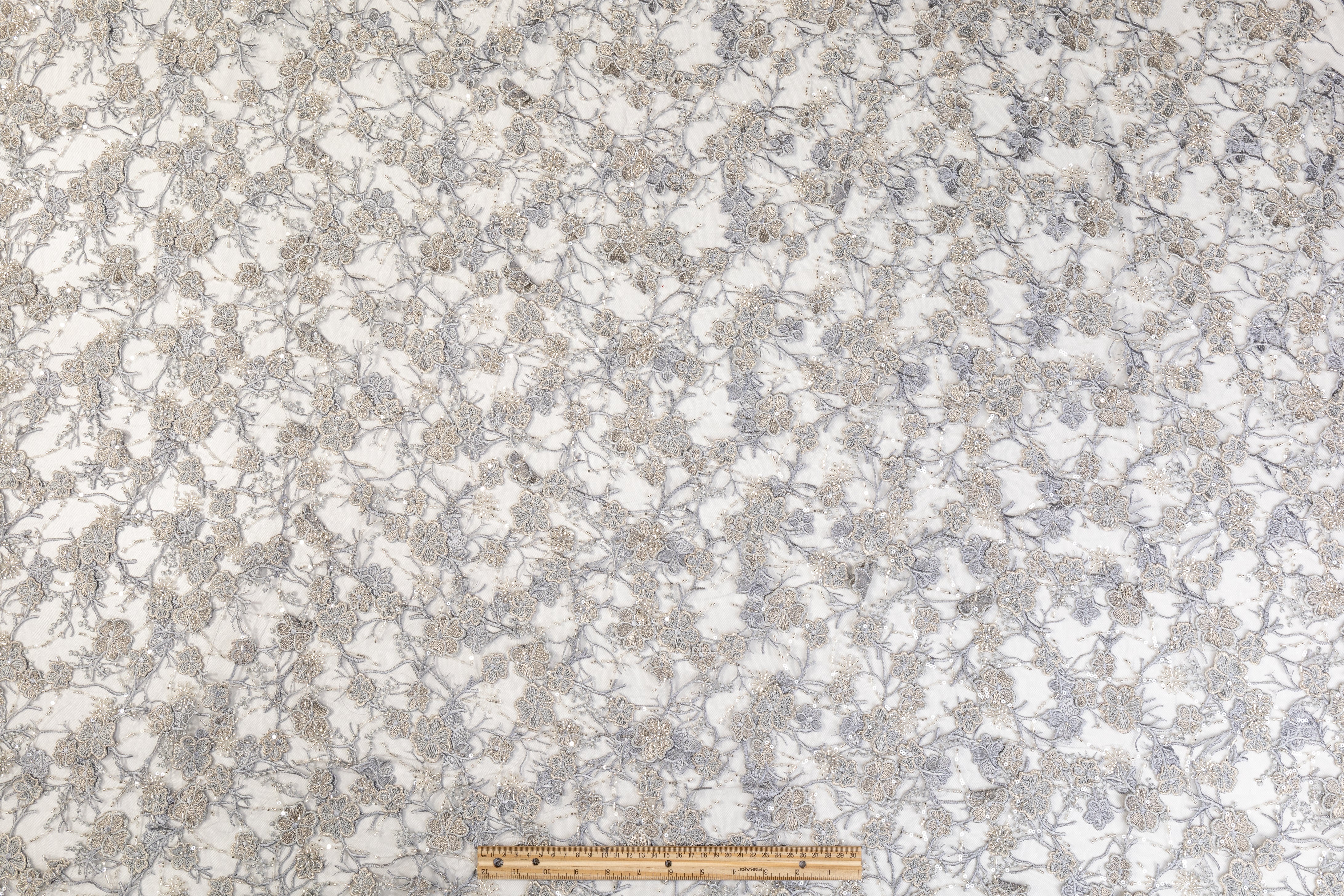 Floral Beaded and Embroidered Tulle - Gray