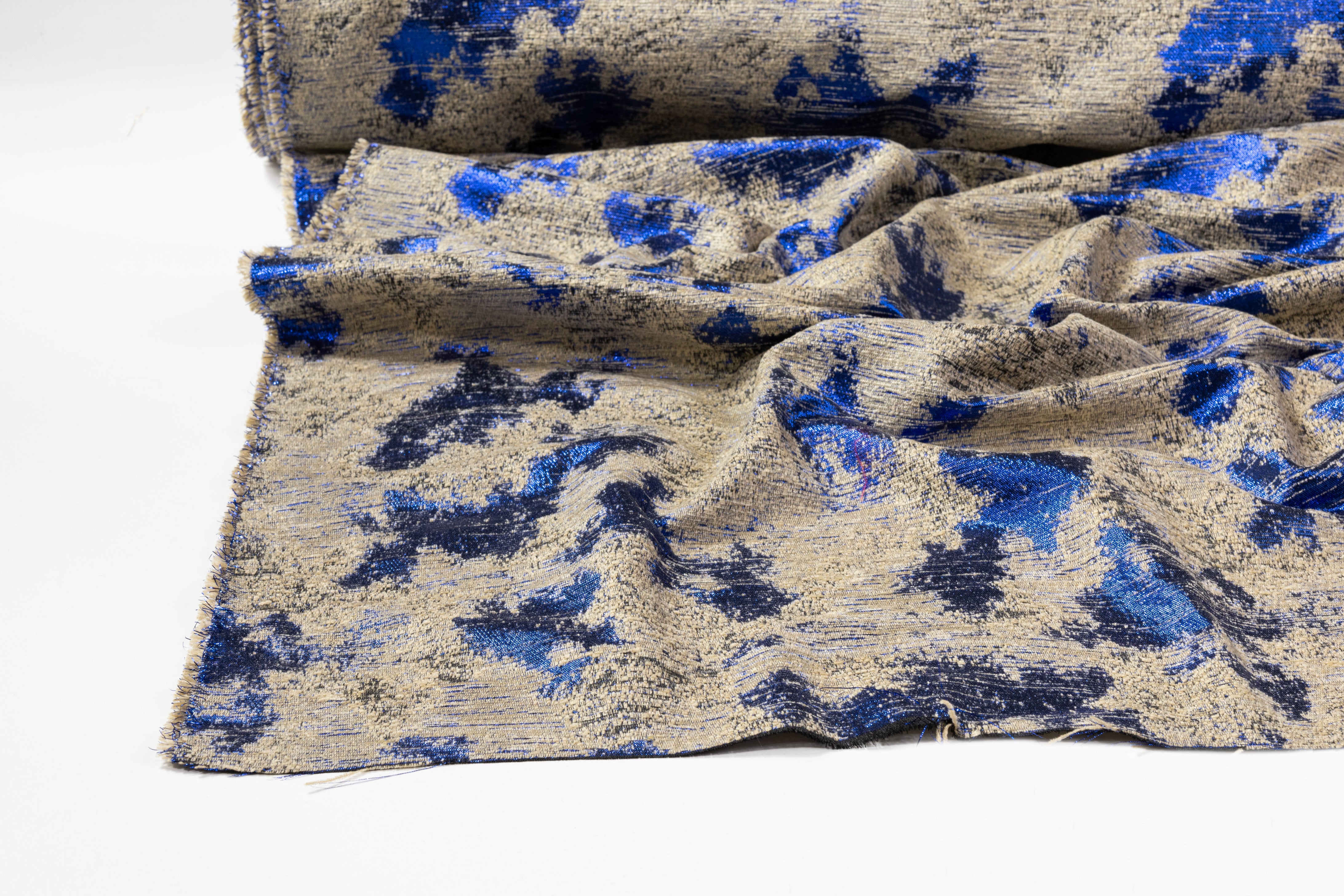 Abstract Metallic Italian Chenille Brocade - Taupe / Blue