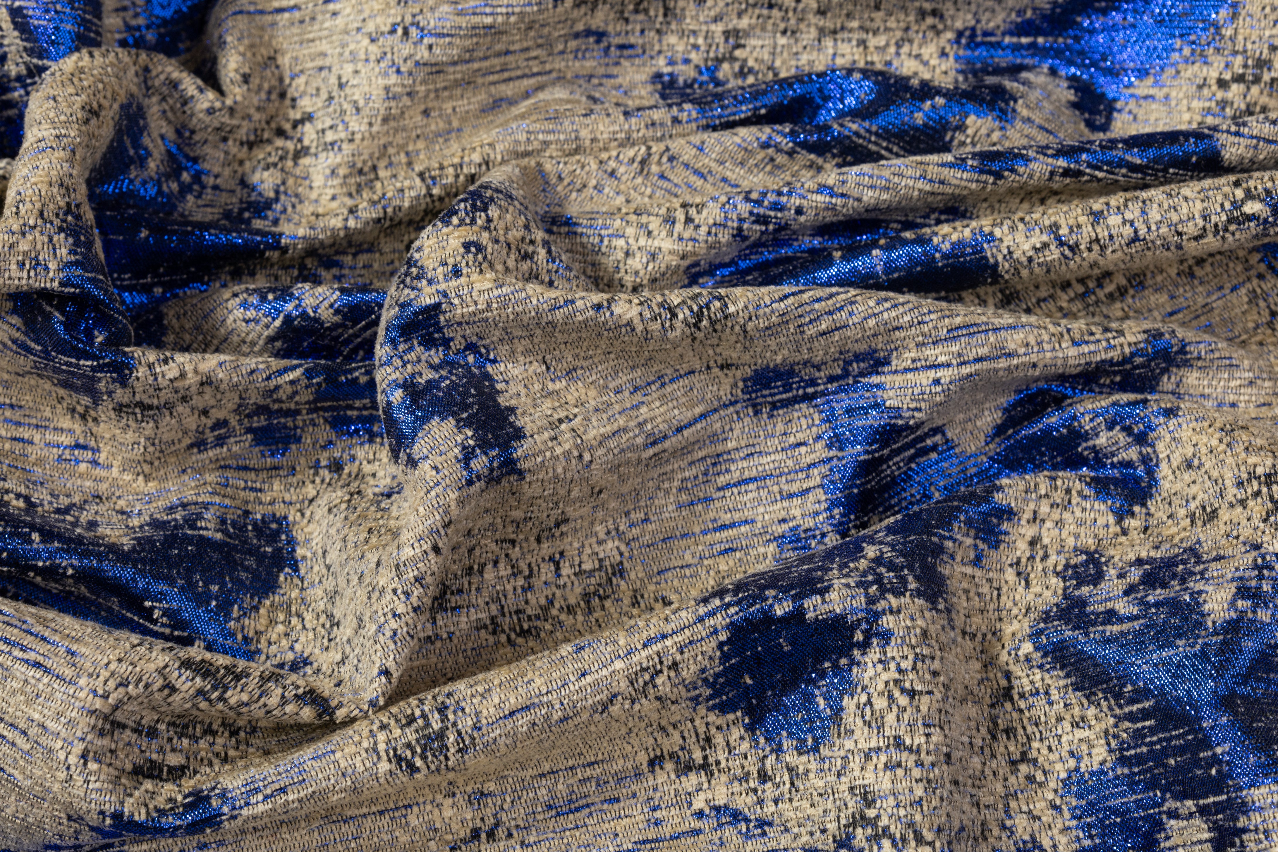 Abstract Metallic Italian Chenille Brocade - Taupe / Blue