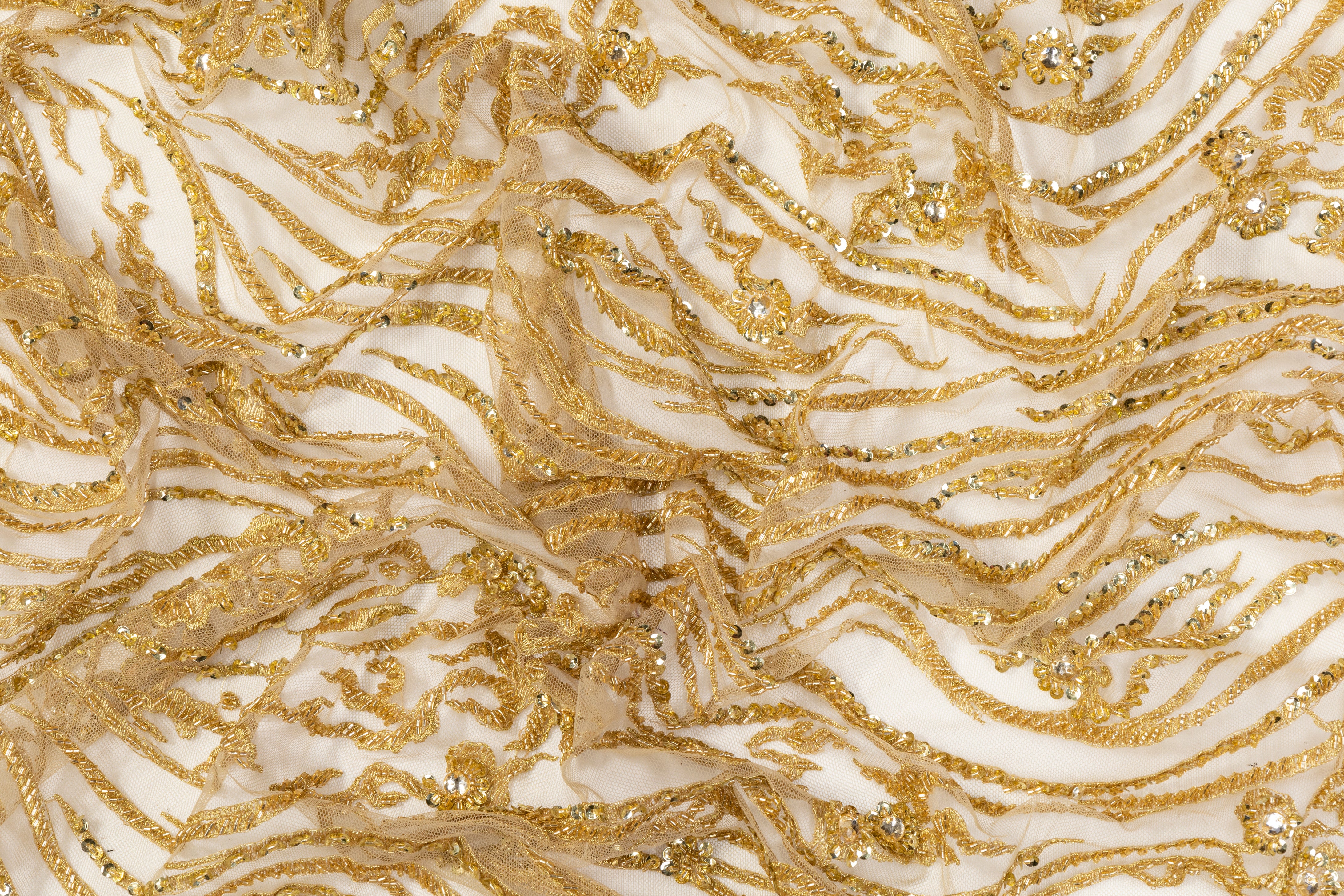 Beaded and Metallic Embroidered Tulle - Gold