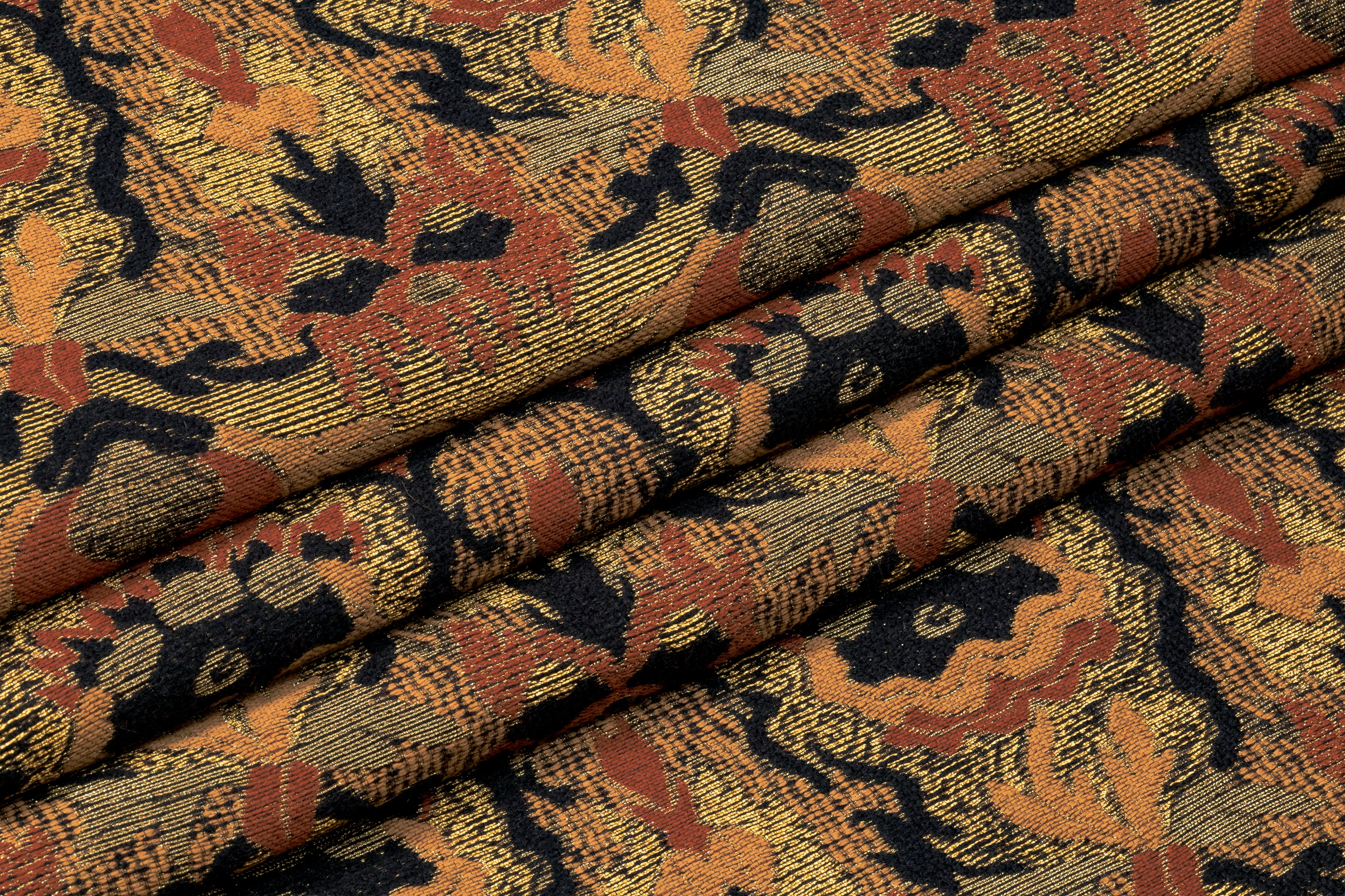 Abstract Italian Silk Wool Blend Metallic Brocade - Rust / Brown / Gold