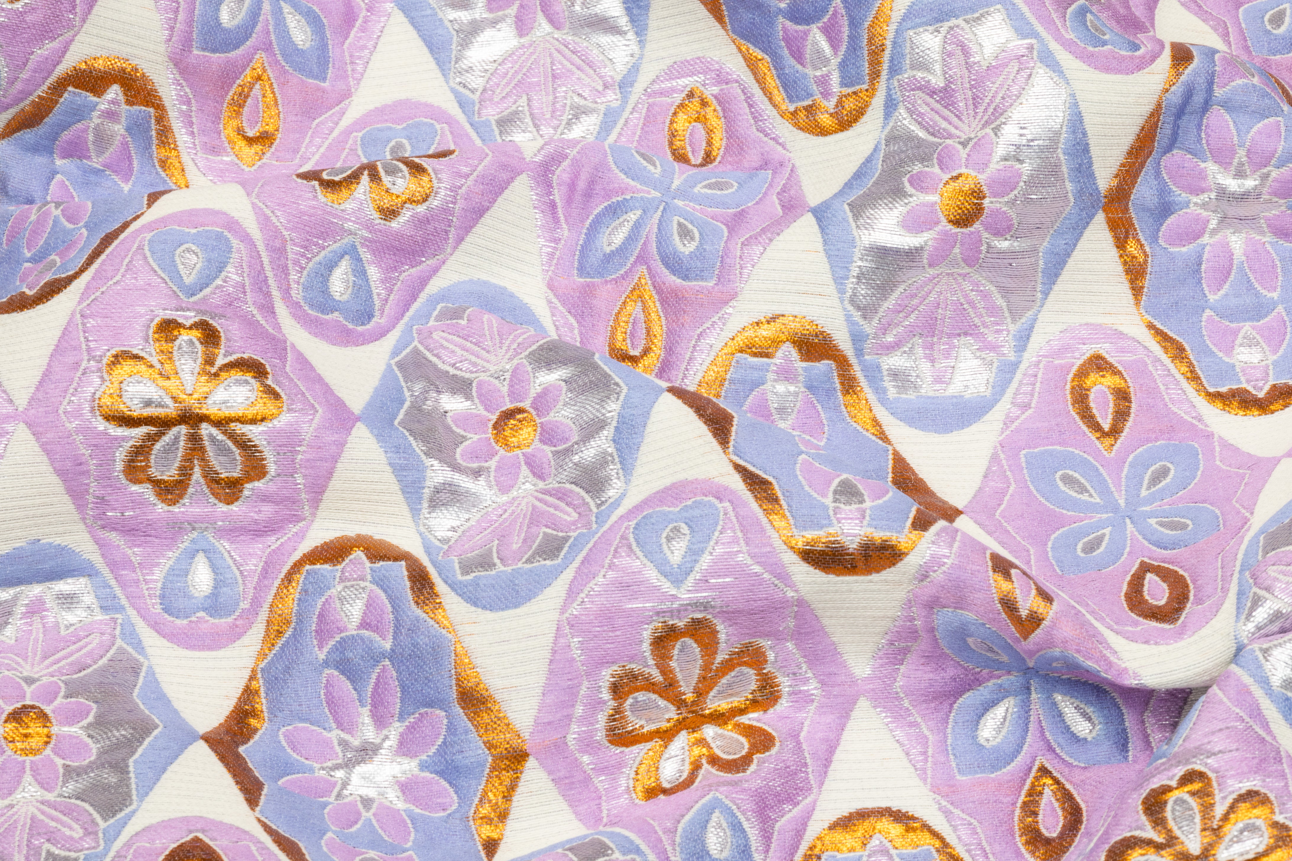 Floral Medallion Silk Blend Brocade - Lavender / Gold / Powder Blue