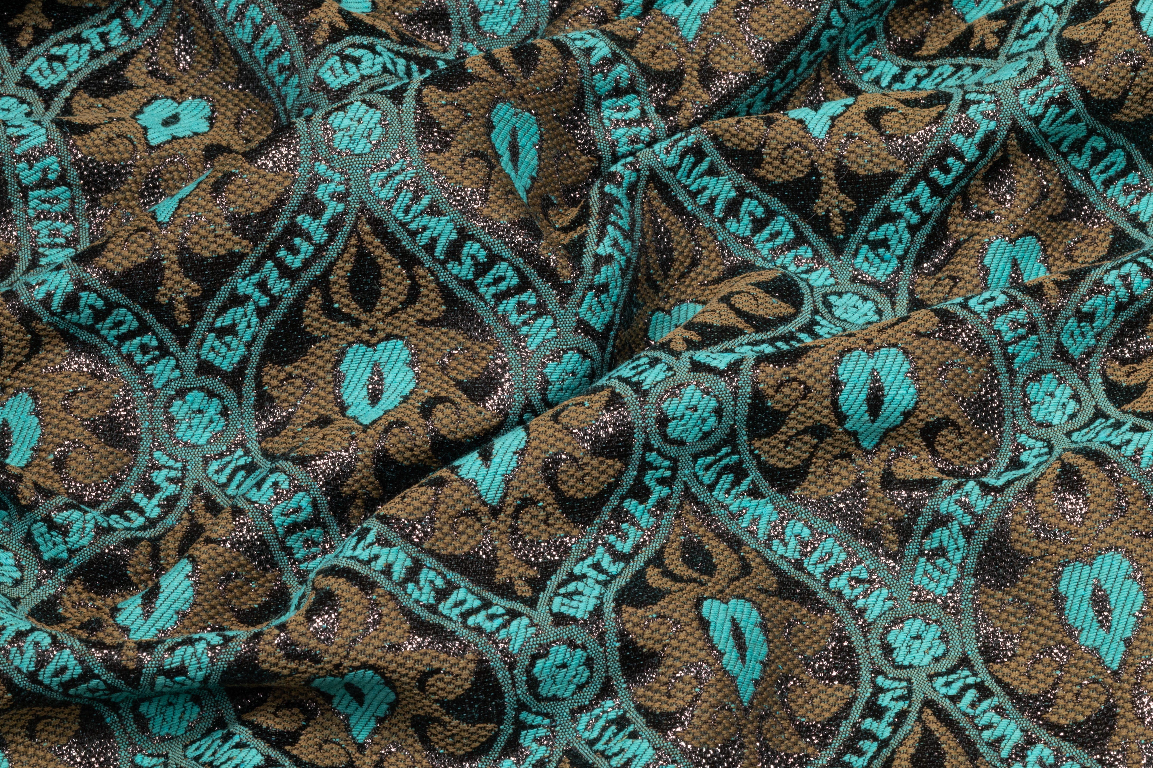 Ornamental Metallic Italian Cotton Blend Brocade - Teal / Bronze