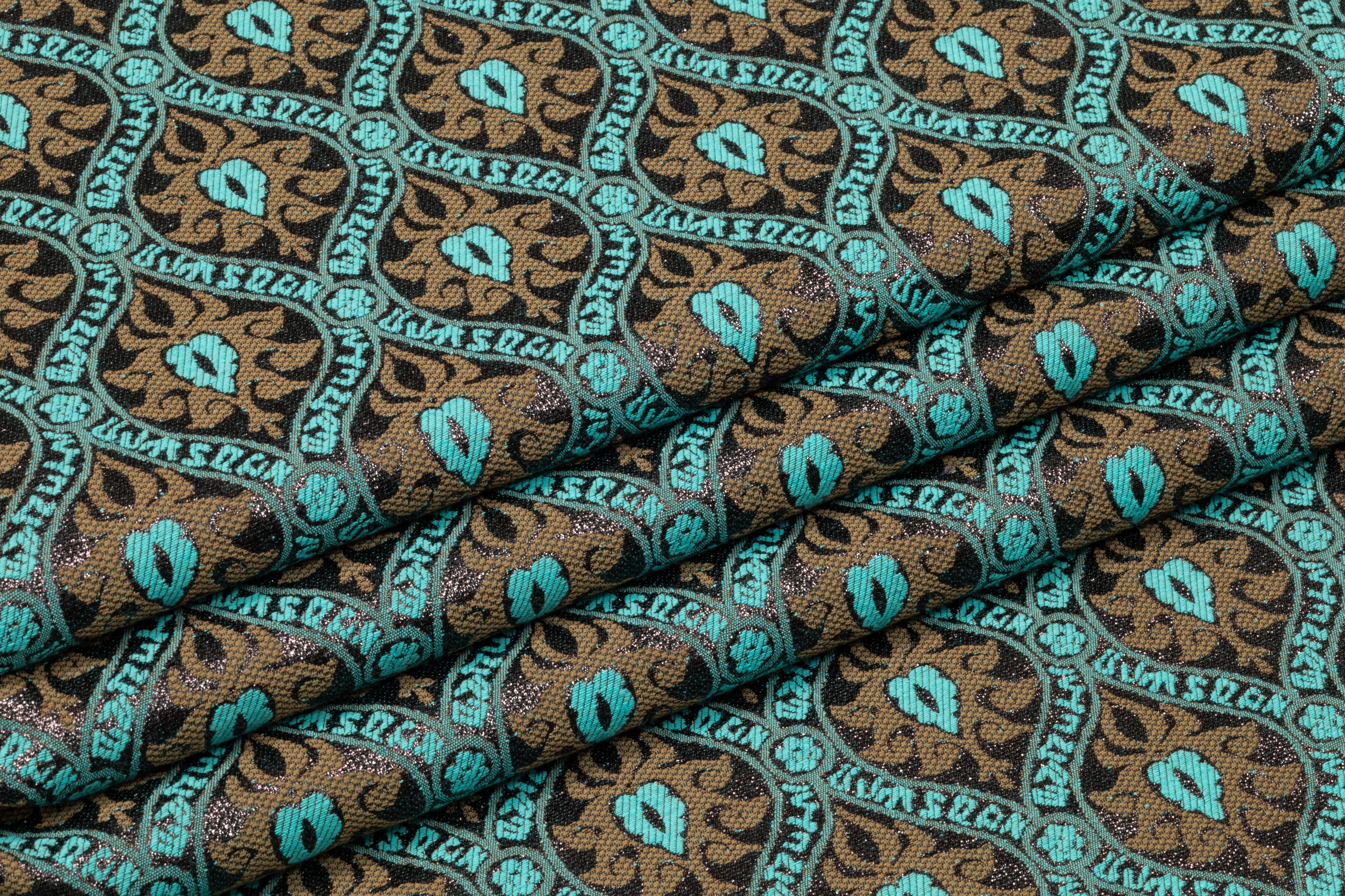 Ornamental Metallic Italian Cotton Blend Brocade - Teal / Bronze