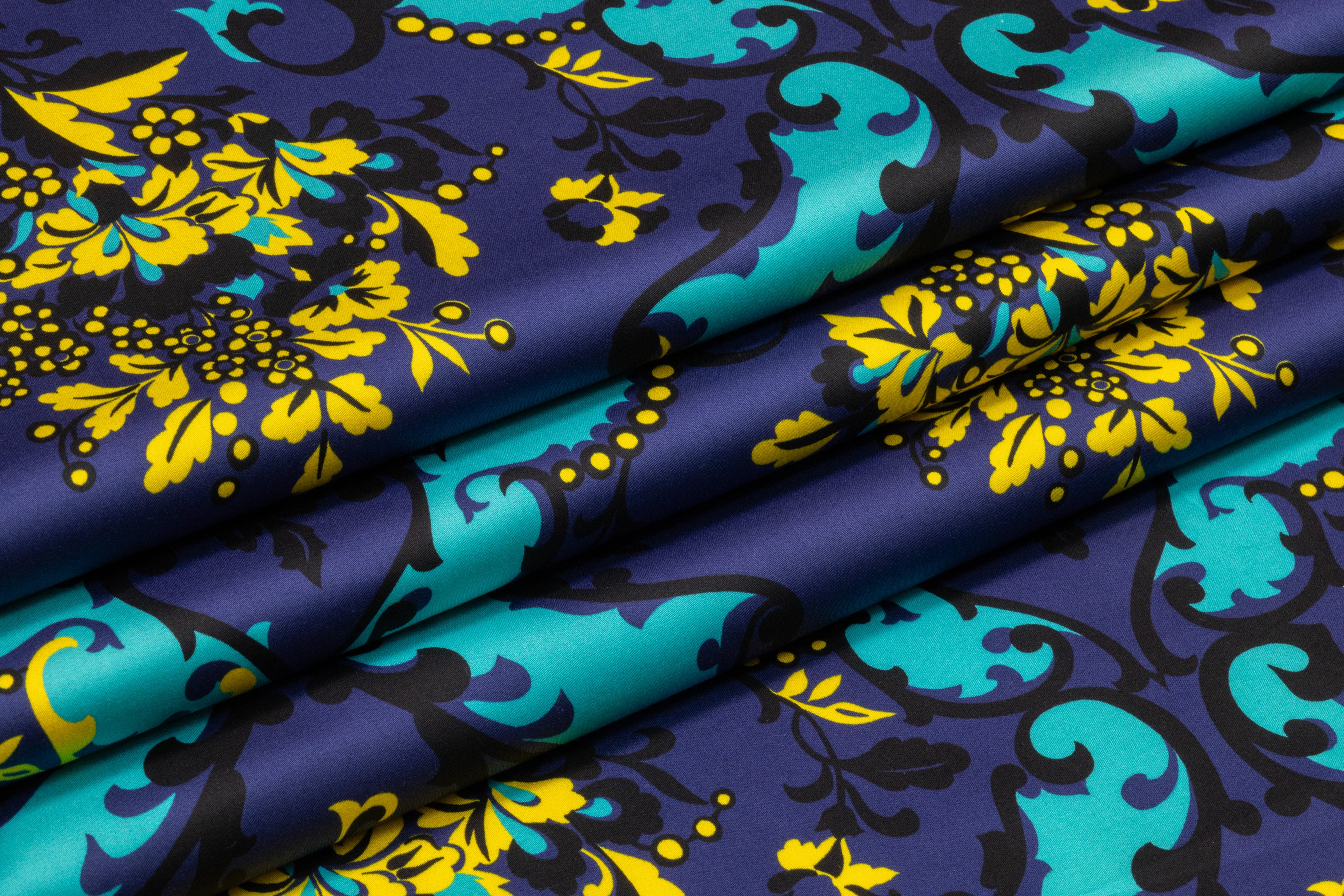 Ratti - Floral Damask Italian Cotton Sateen - Blue / Yellow / Turquoise