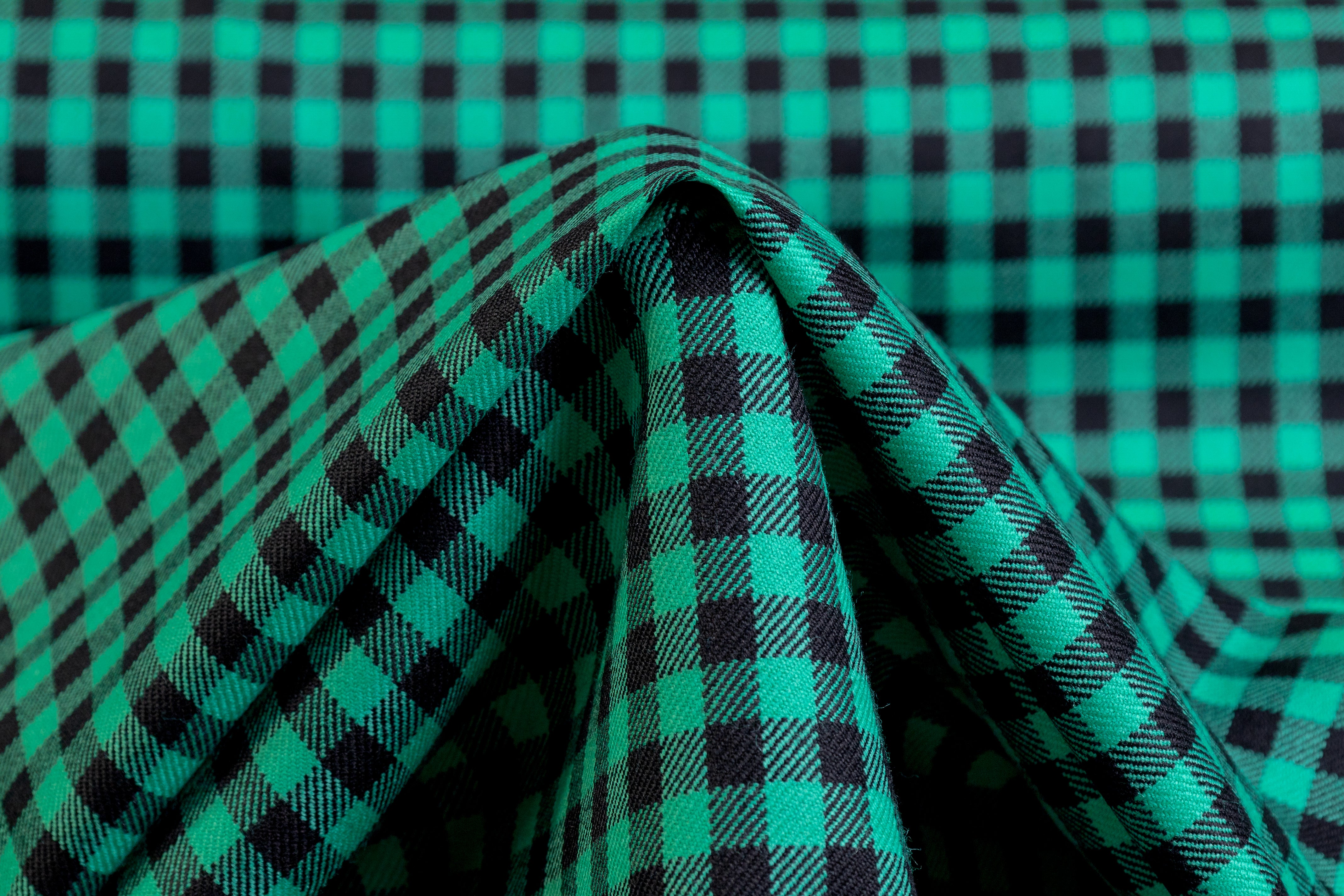 Gingham Checked Italian Wool Suiting - Jade Green / Black