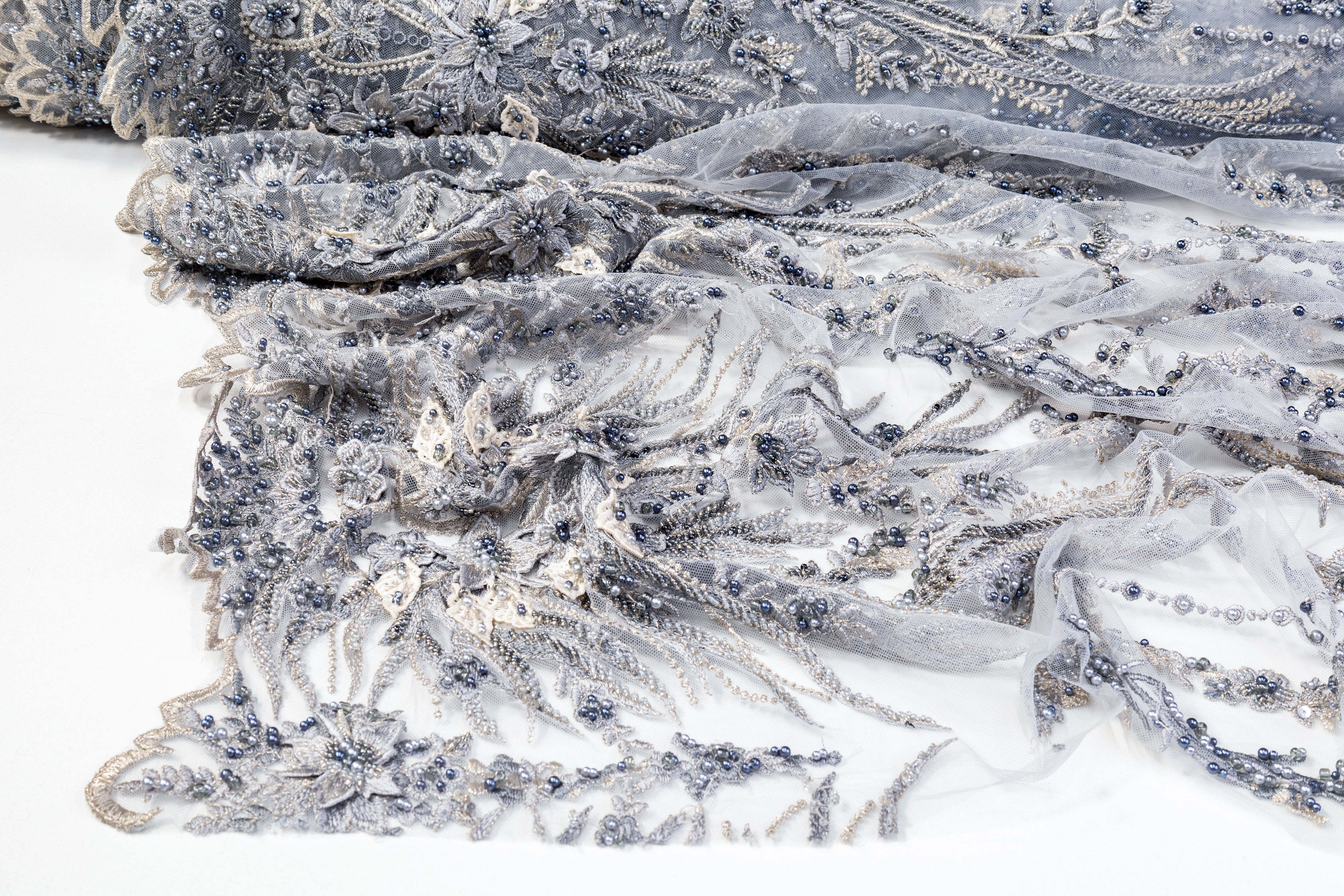 Beaded and Embroidered Tulle - Blue / Platinum