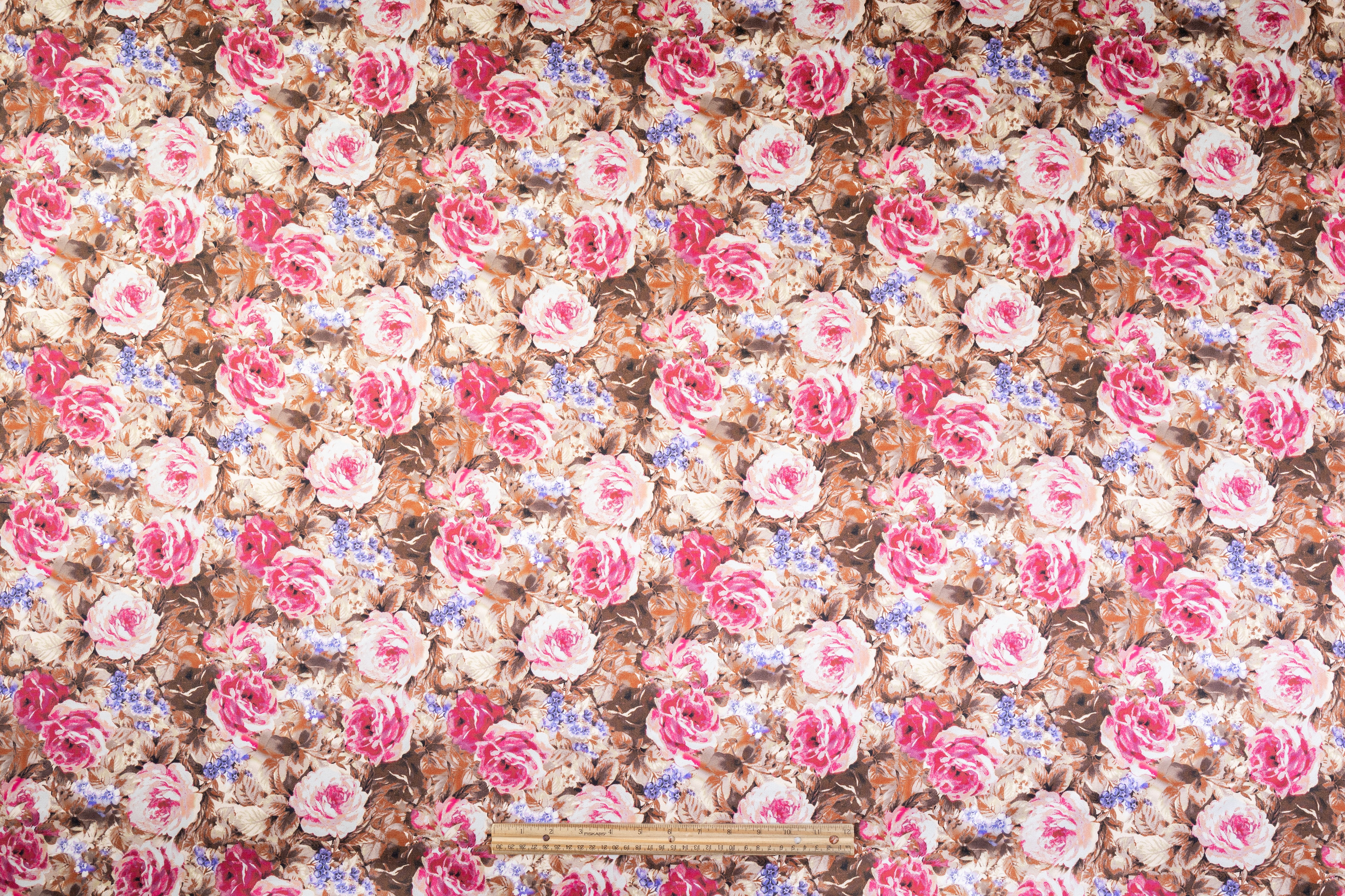 Floral Italian Silk Satin - Brown / Magenta