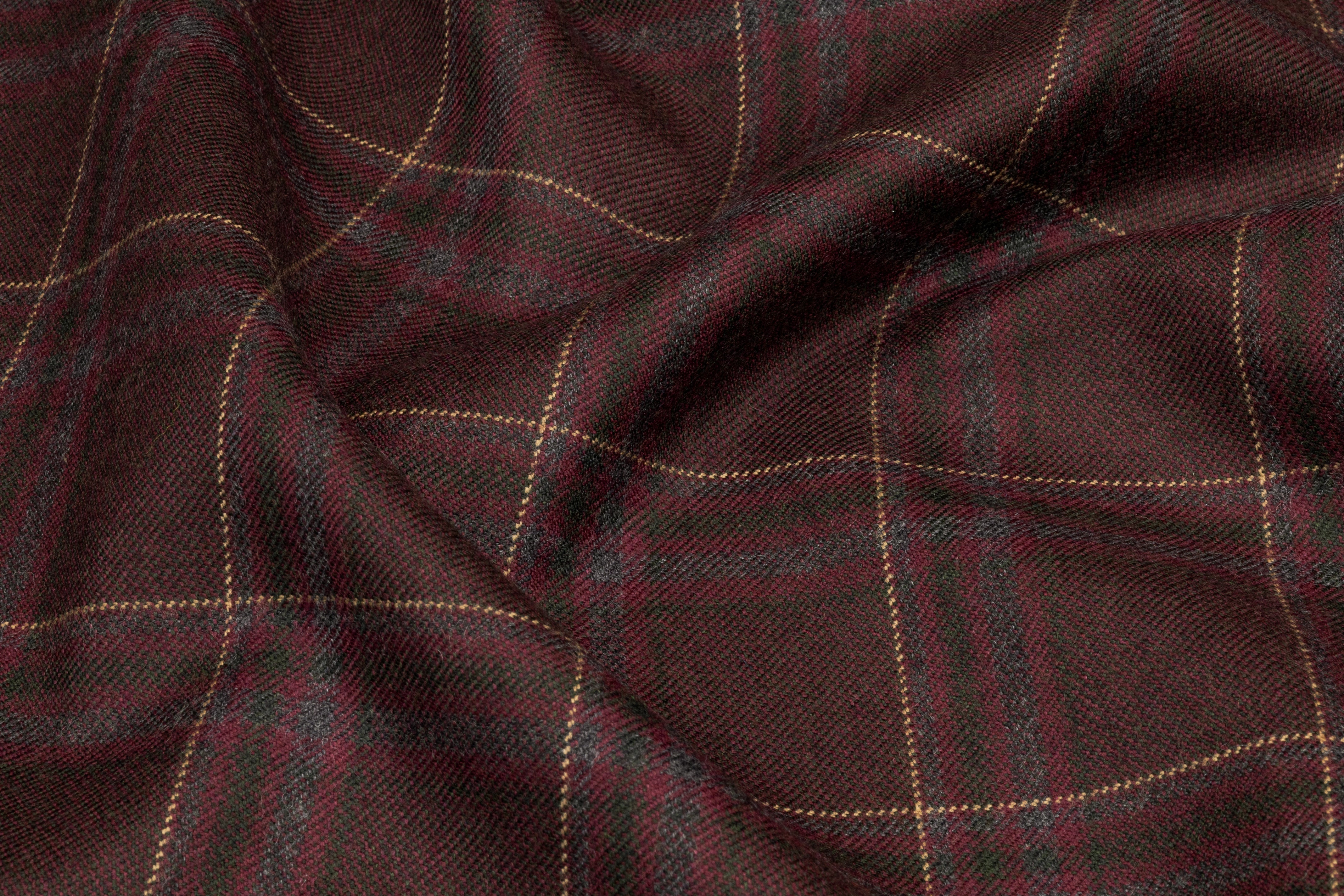 Plaid Italian Wool Suiting - Burgundy / Green / Taupe