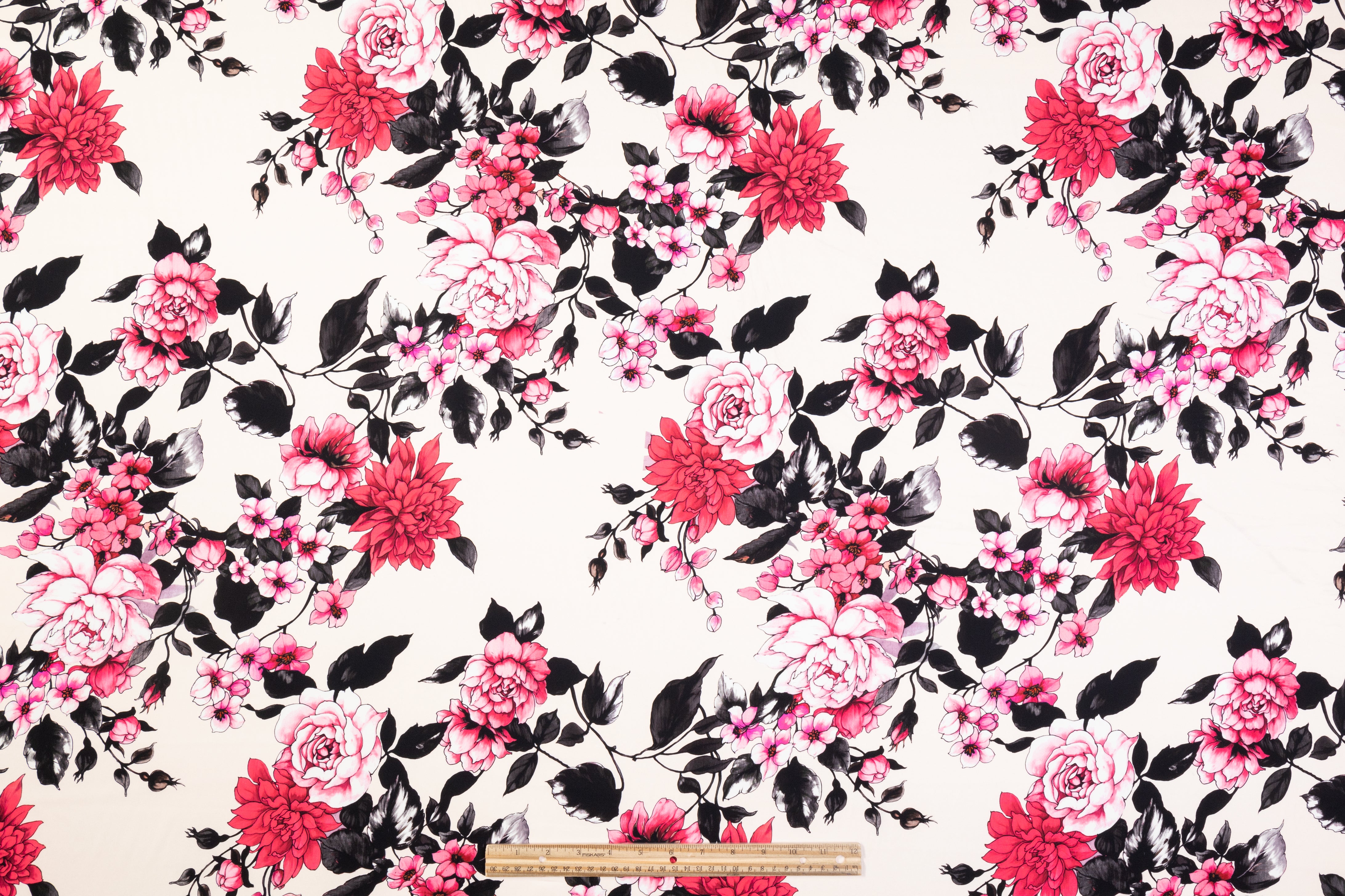 Floral Italian Stretch Silk Crepe - Pink / Black