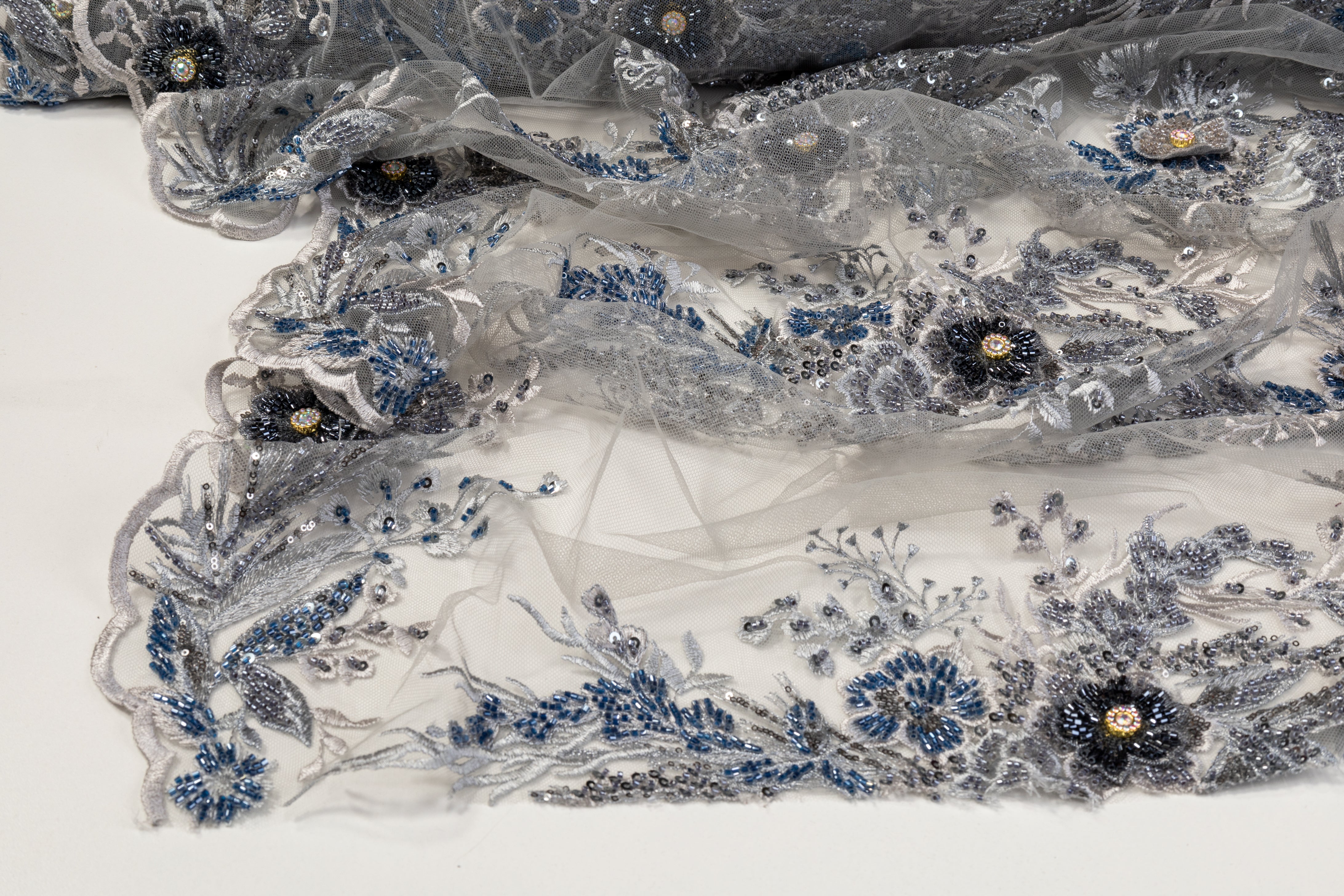 Floral Beaded and Embroidered Tulle - Blue / Gray