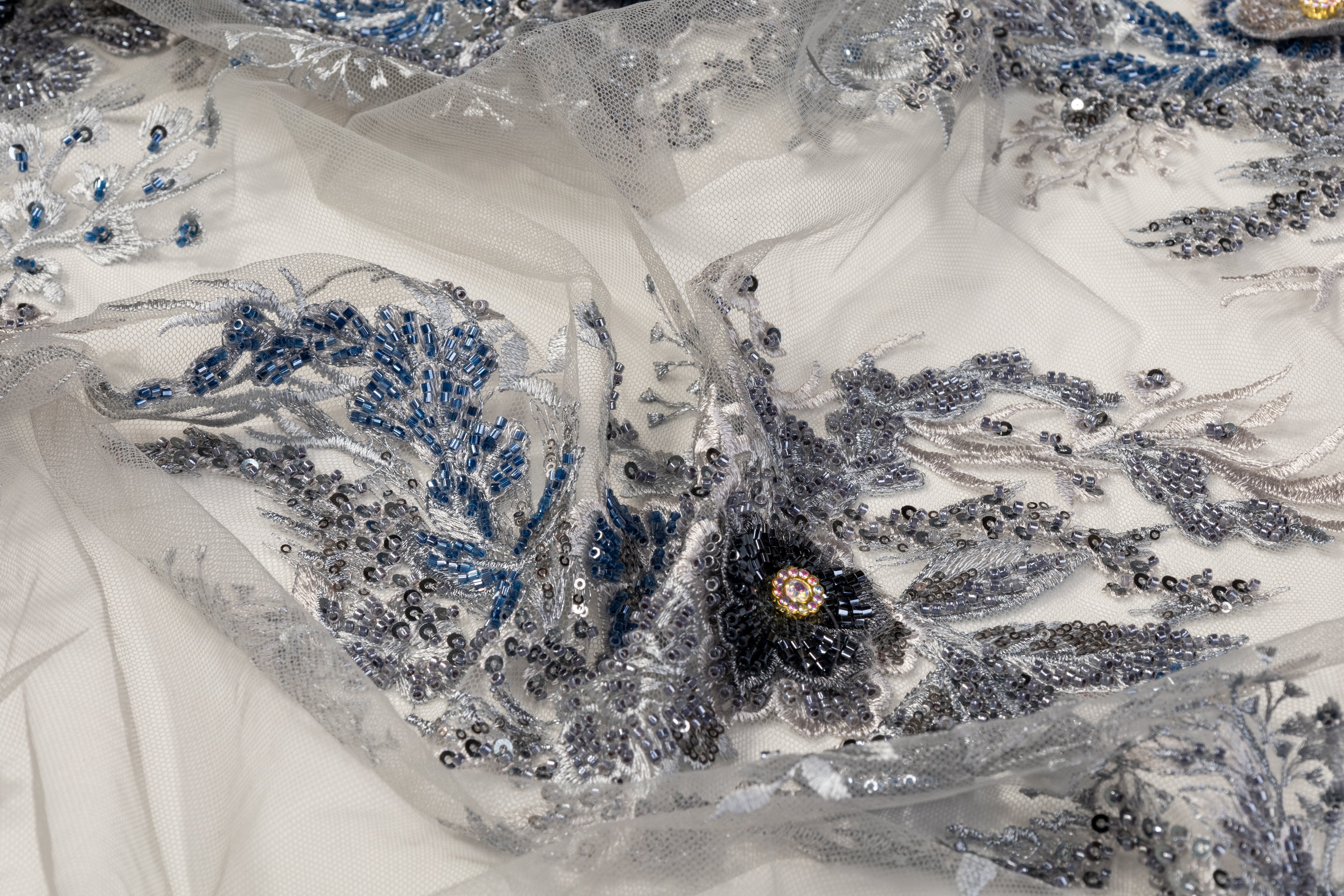 Floral Beaded and Embroidered Tulle - Blue / Gray