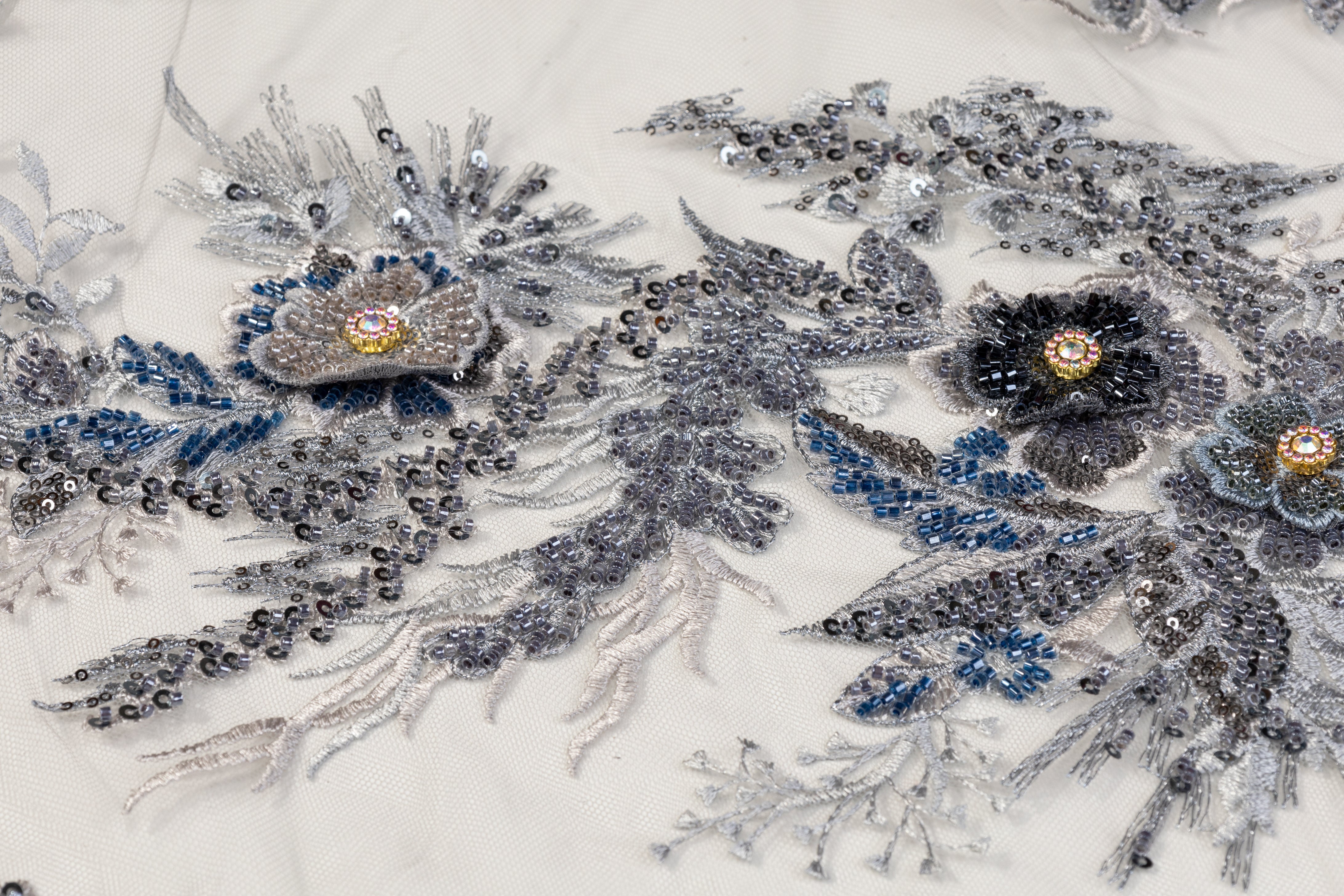 Floral Beaded and Embroidered Tulle - Blue / Gray