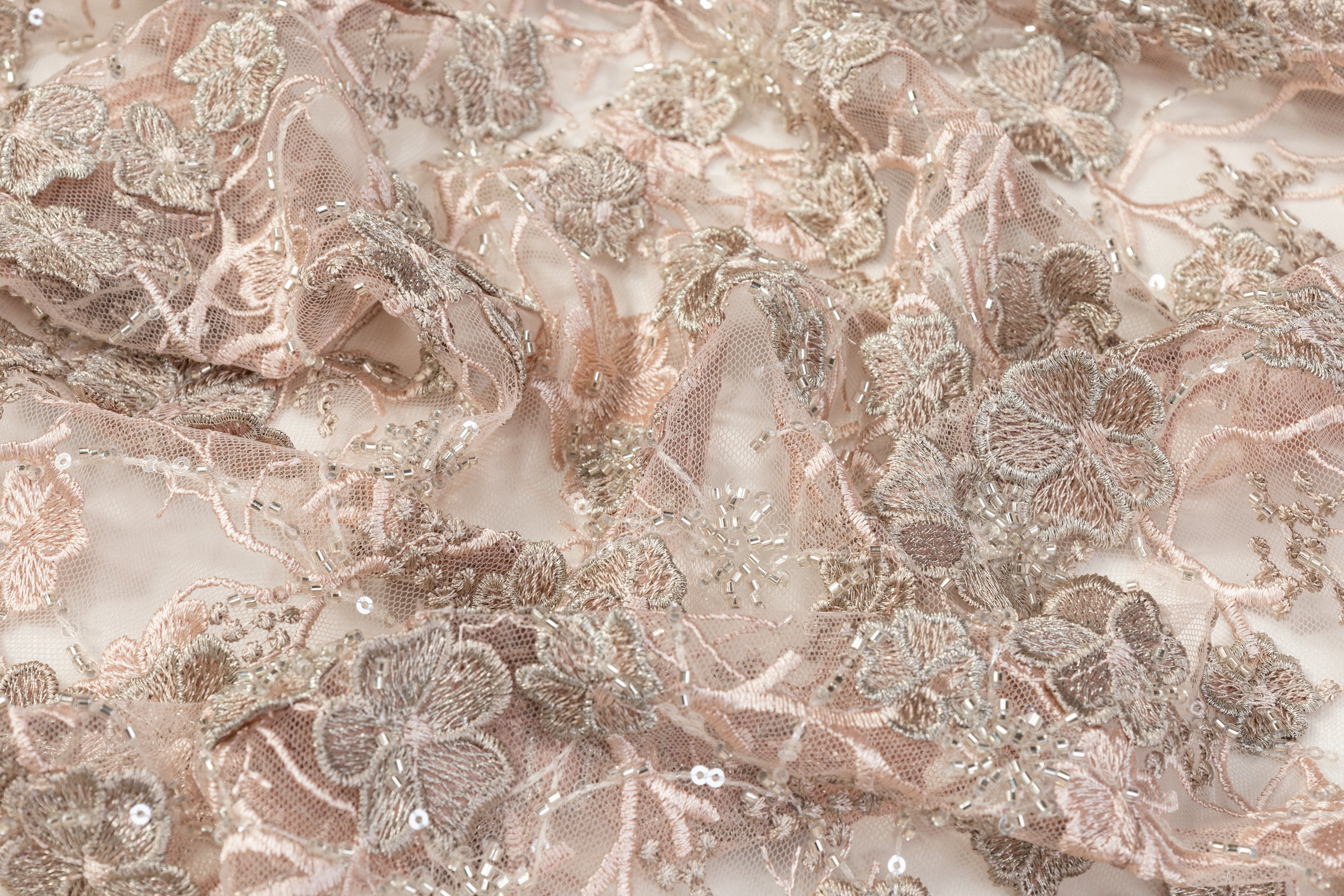 Floral Beaded and Embroidered Tulle - Pink / Taupe