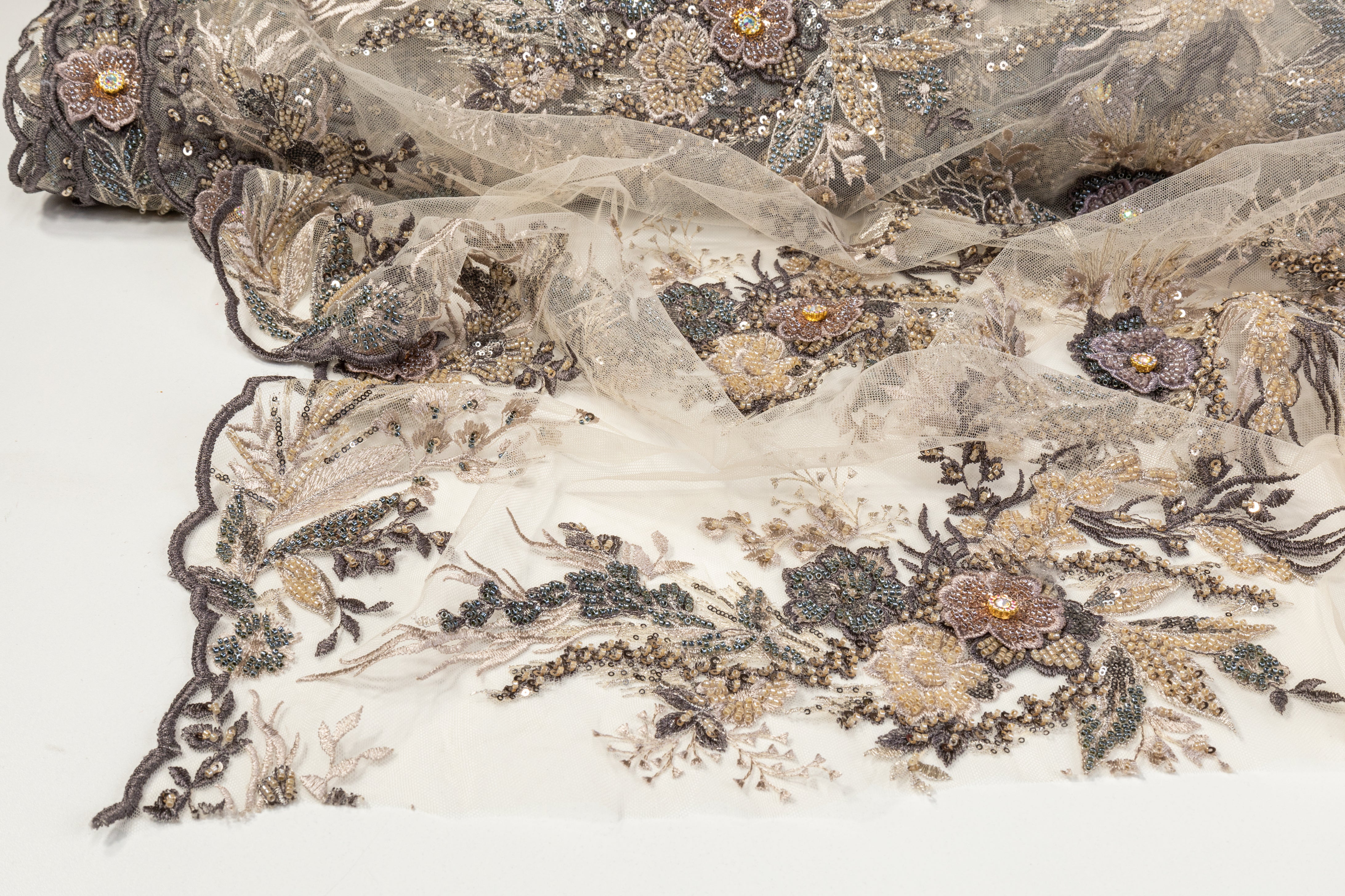Floral Beaded and Embroidered Tulle - Beige / Multicolor