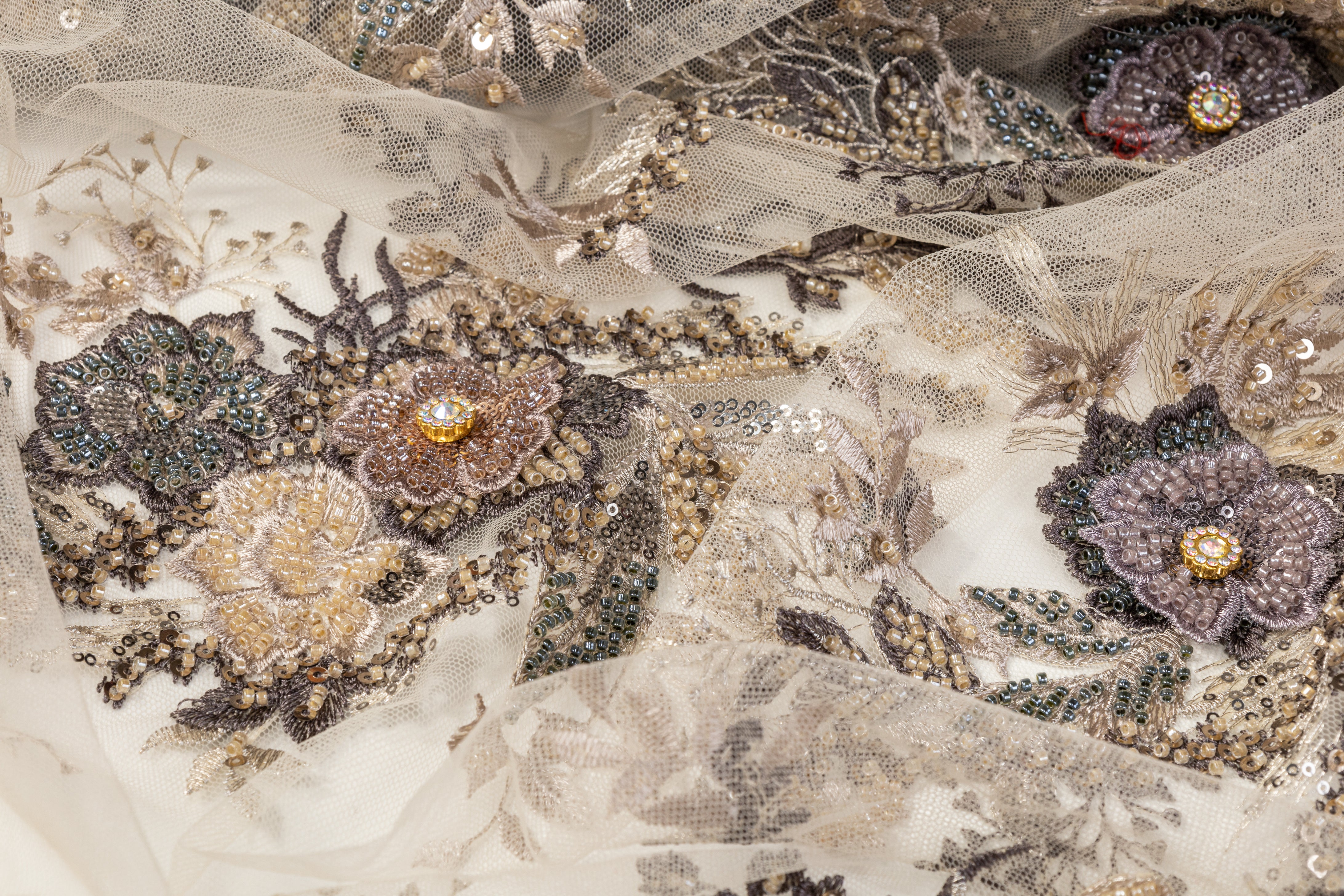 Floral Beaded and Embroidered Tulle - Beige / Multicolor