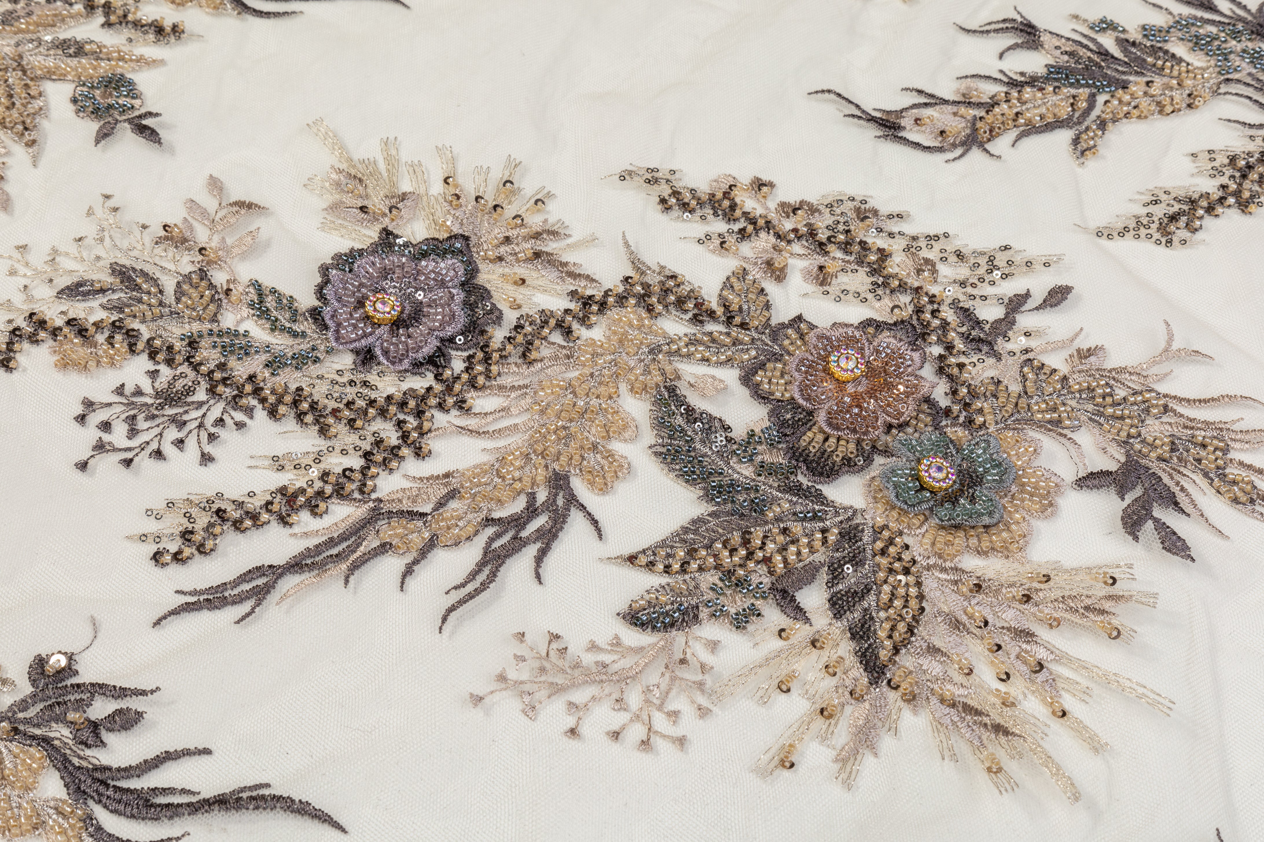 Floral Beaded and Embroidered Tulle - Beige / Multicolor