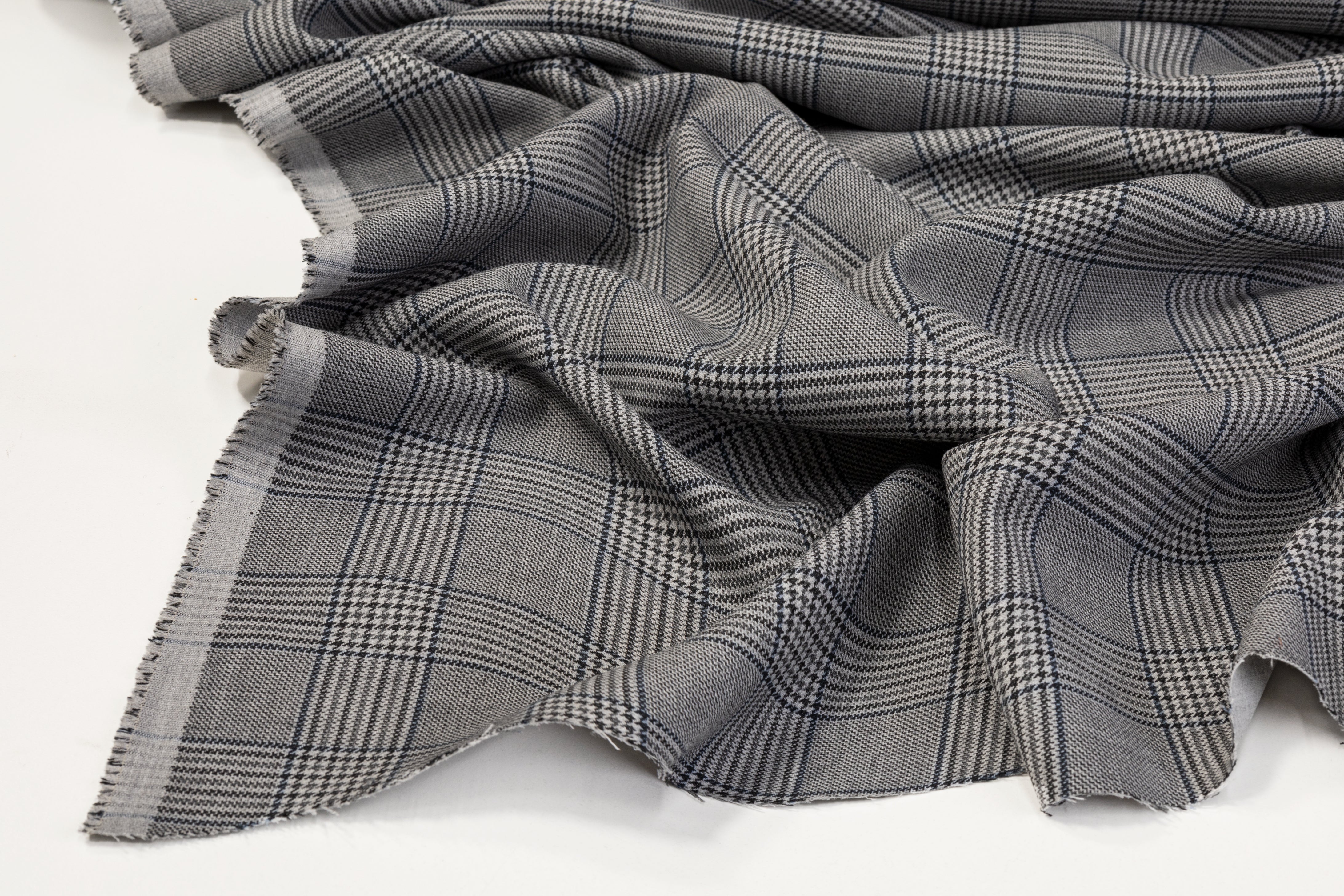 Poly Rayon Glen Check Printed Ponte - Gray / Blue