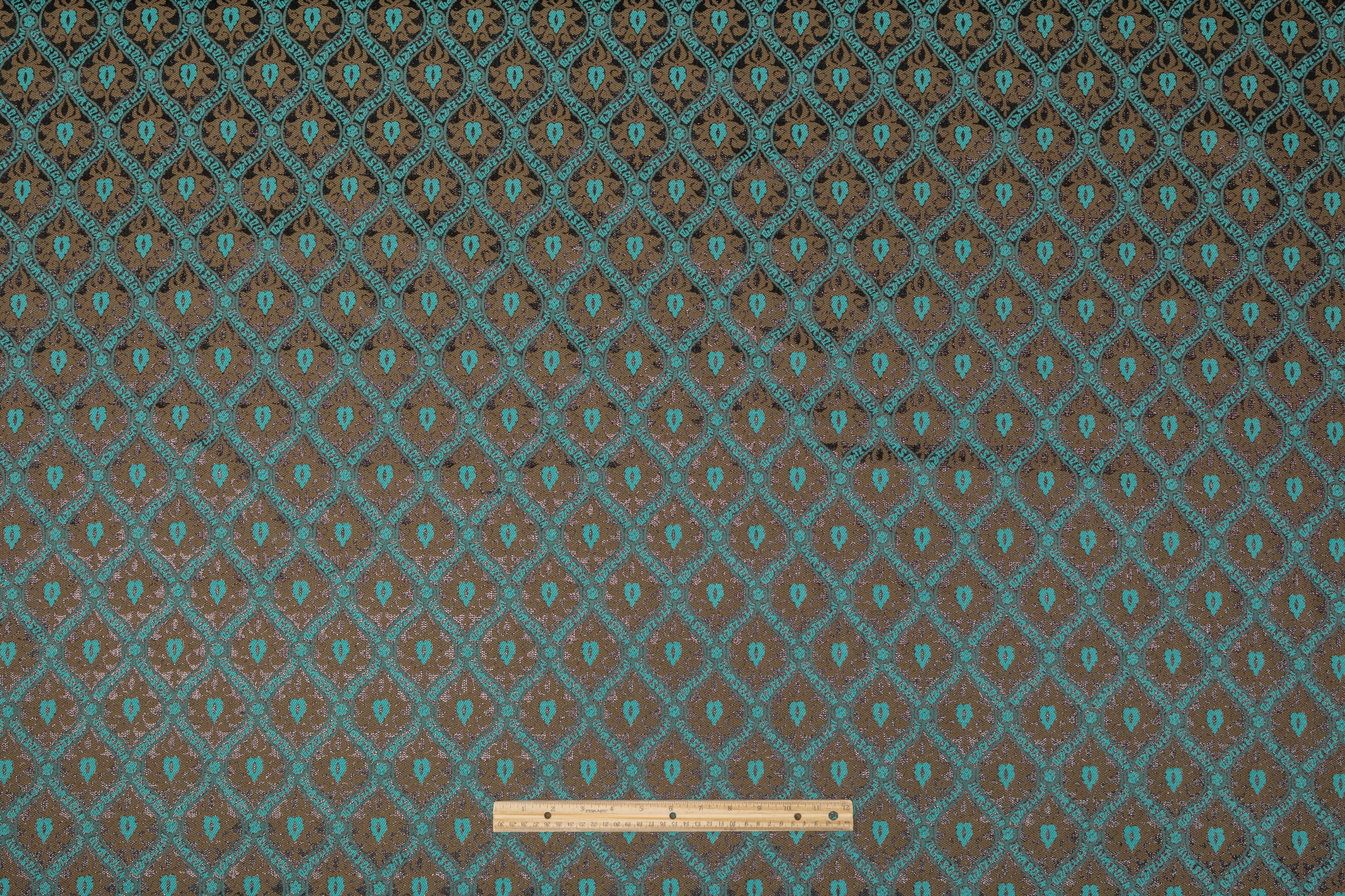 Ornamental Metallic Italian Cotton Blend Brocade - Teal / Bronze