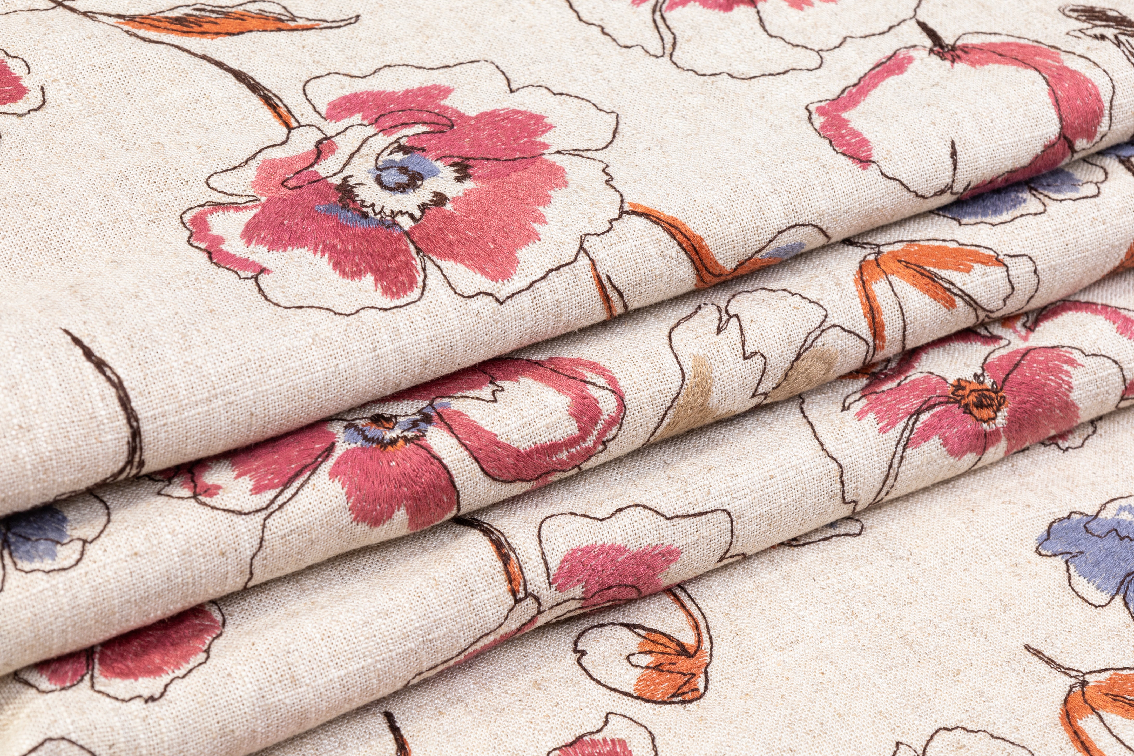 Floral Embroidered Italian Linen - Beige / Dusty Blue / Rose
