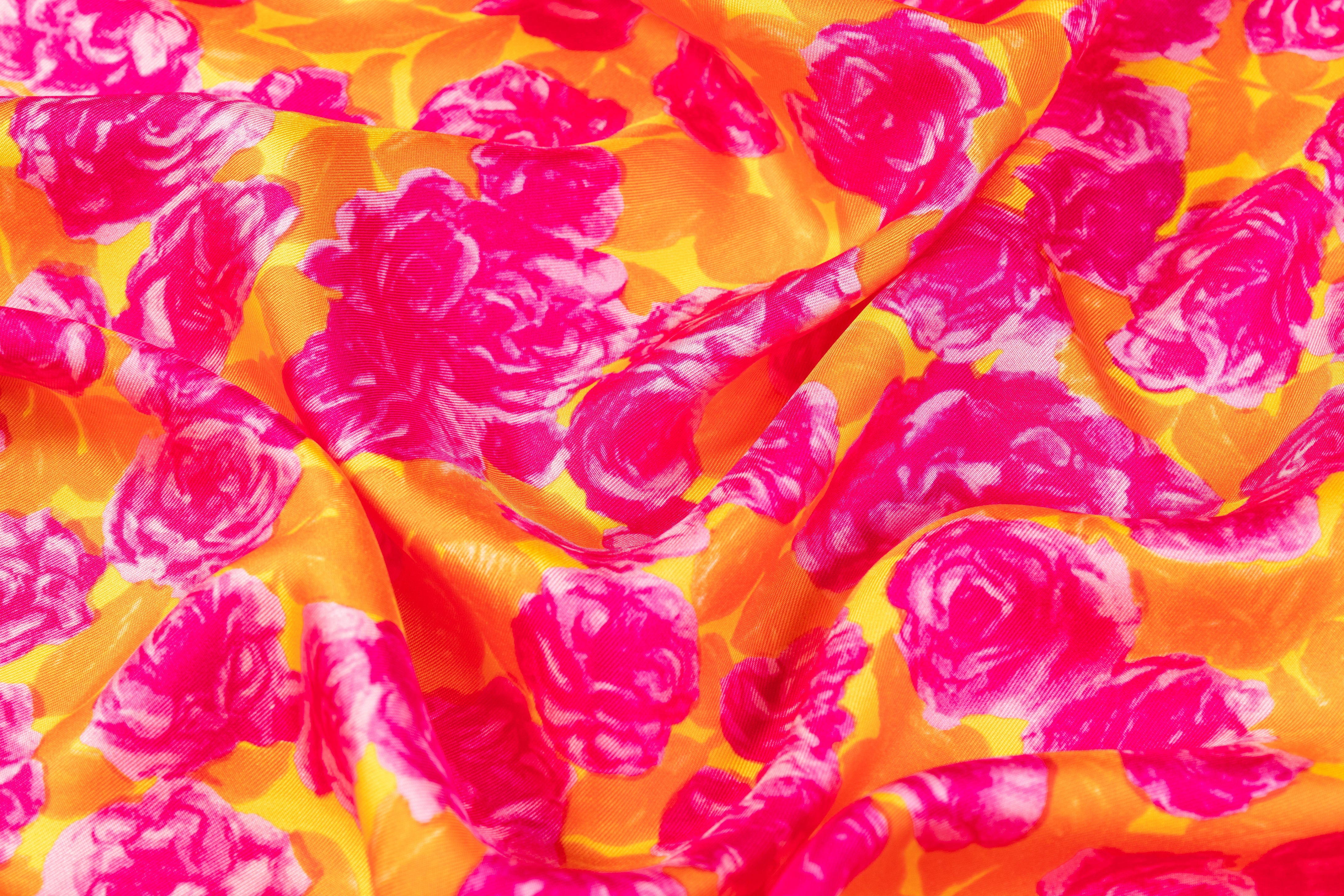Floral Italian Silk Twill - Orange / Magenta