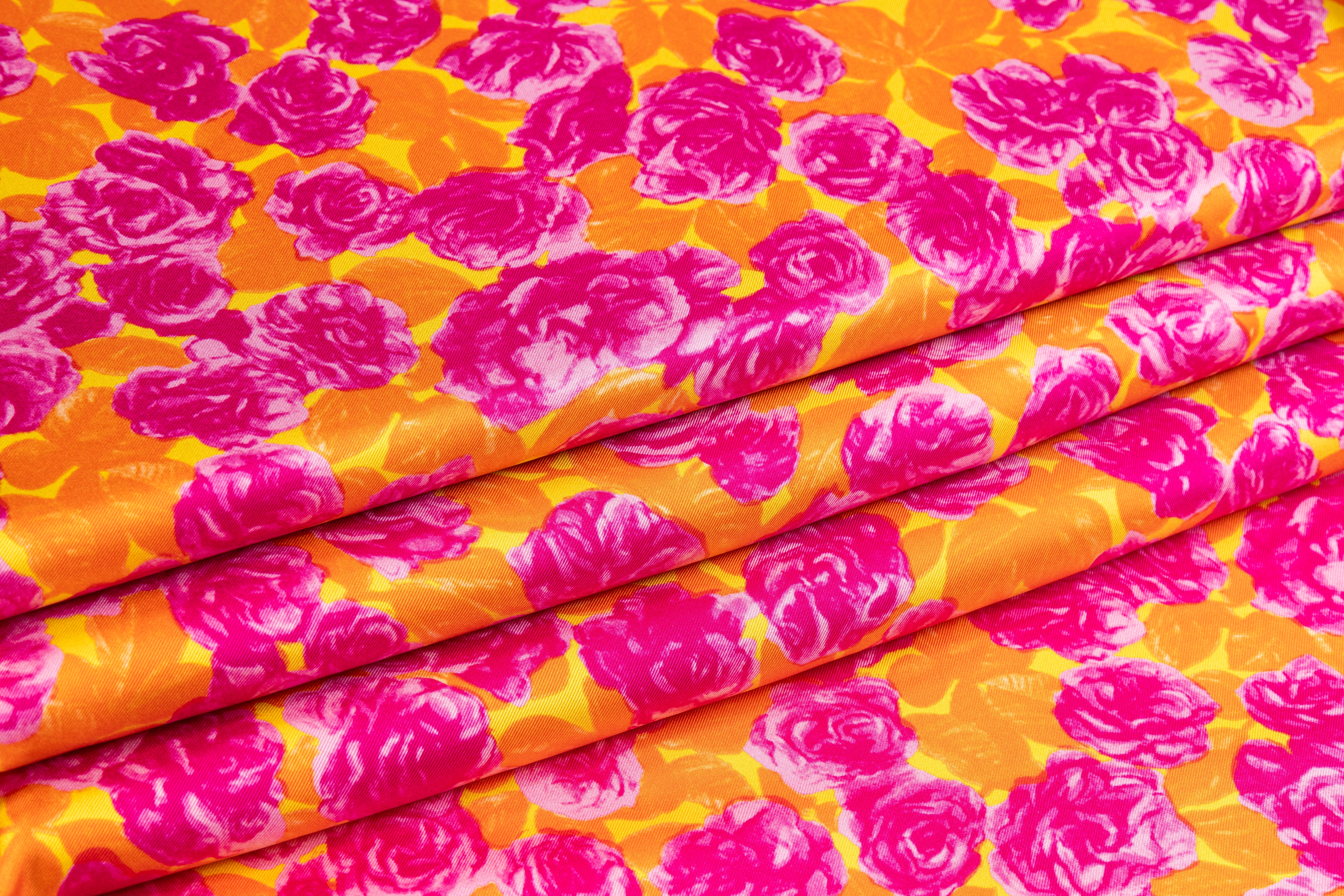Floral Italian Silk Twill - Orange / Magenta
