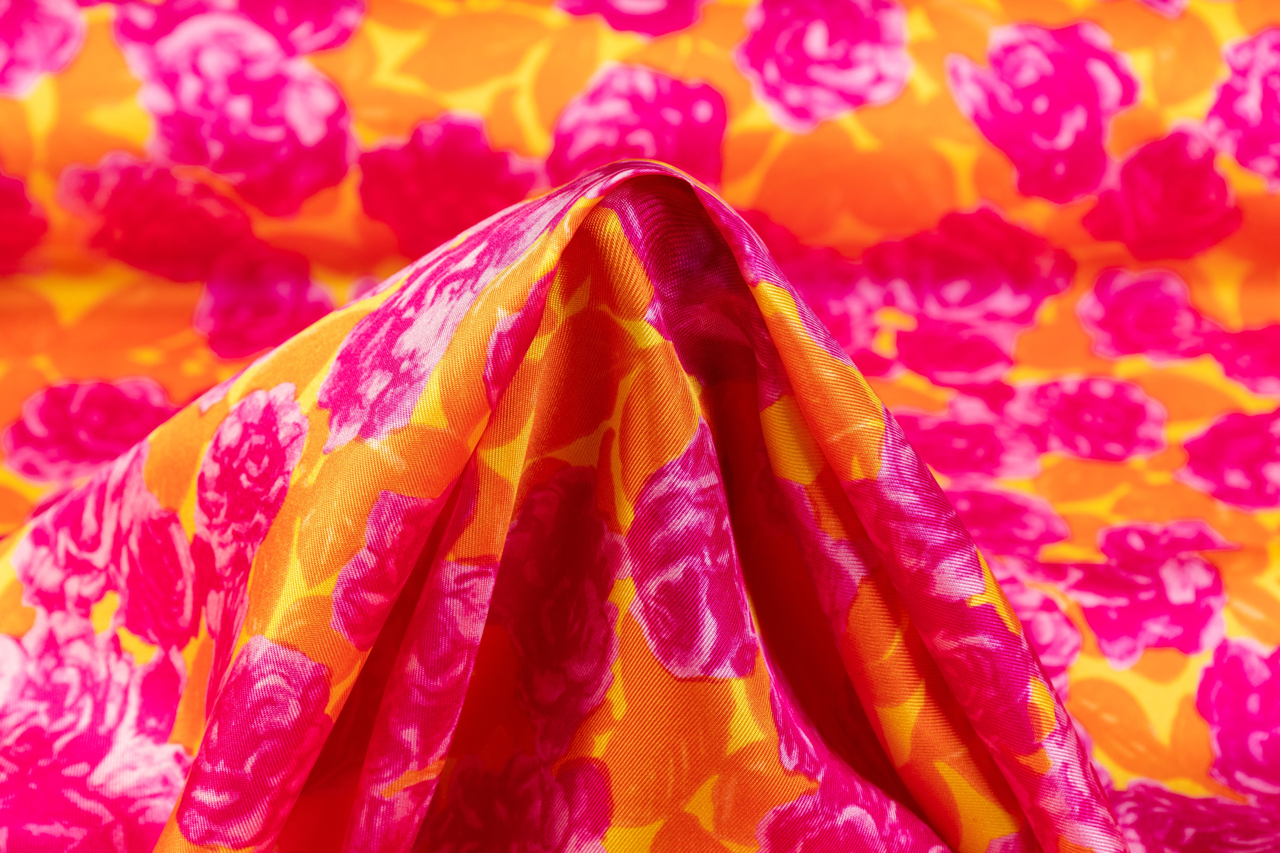 Floral Italian Silk Twill - Orange / Magenta