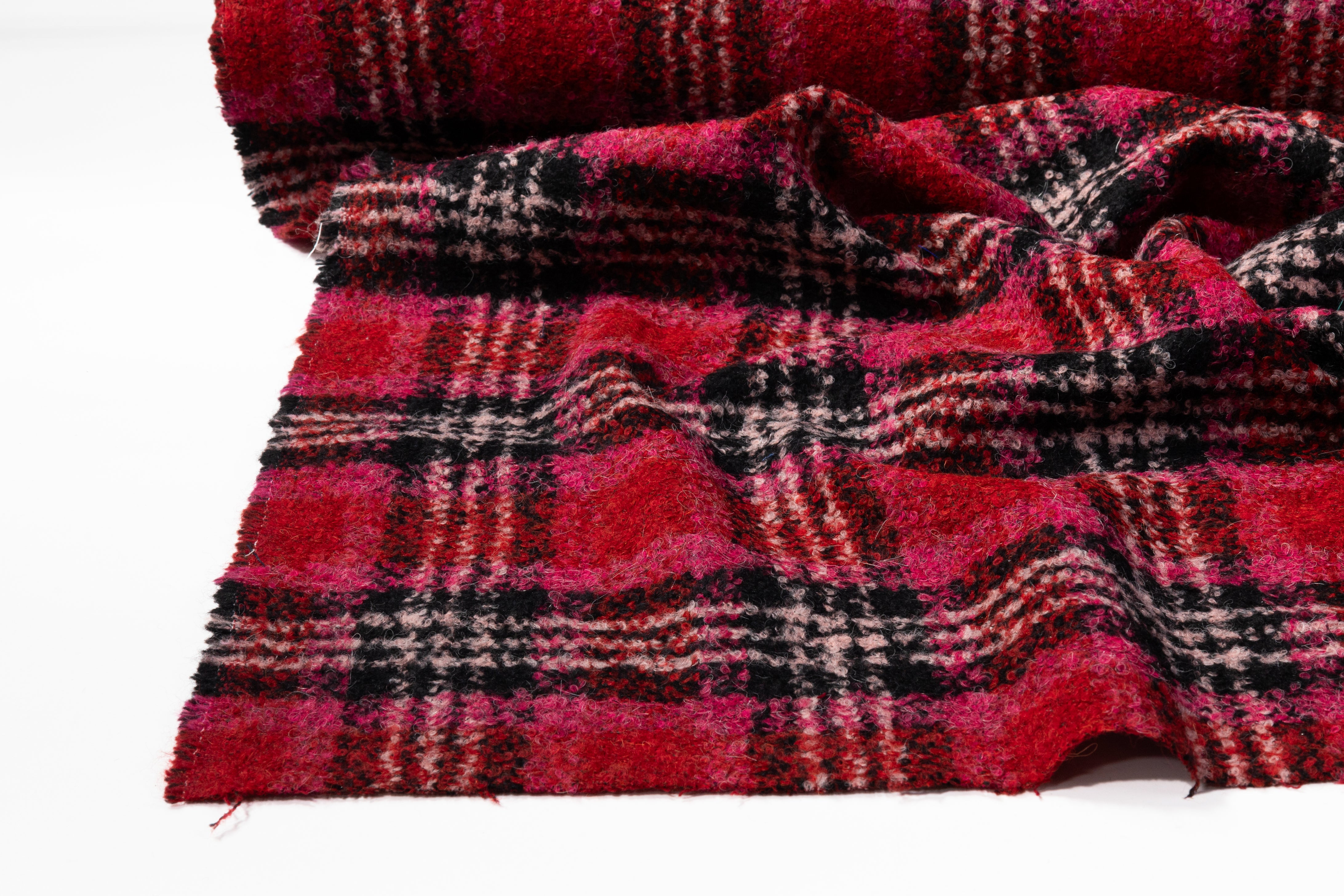 Checked Italian Wool Blend Boucle - Pink / Red / Black