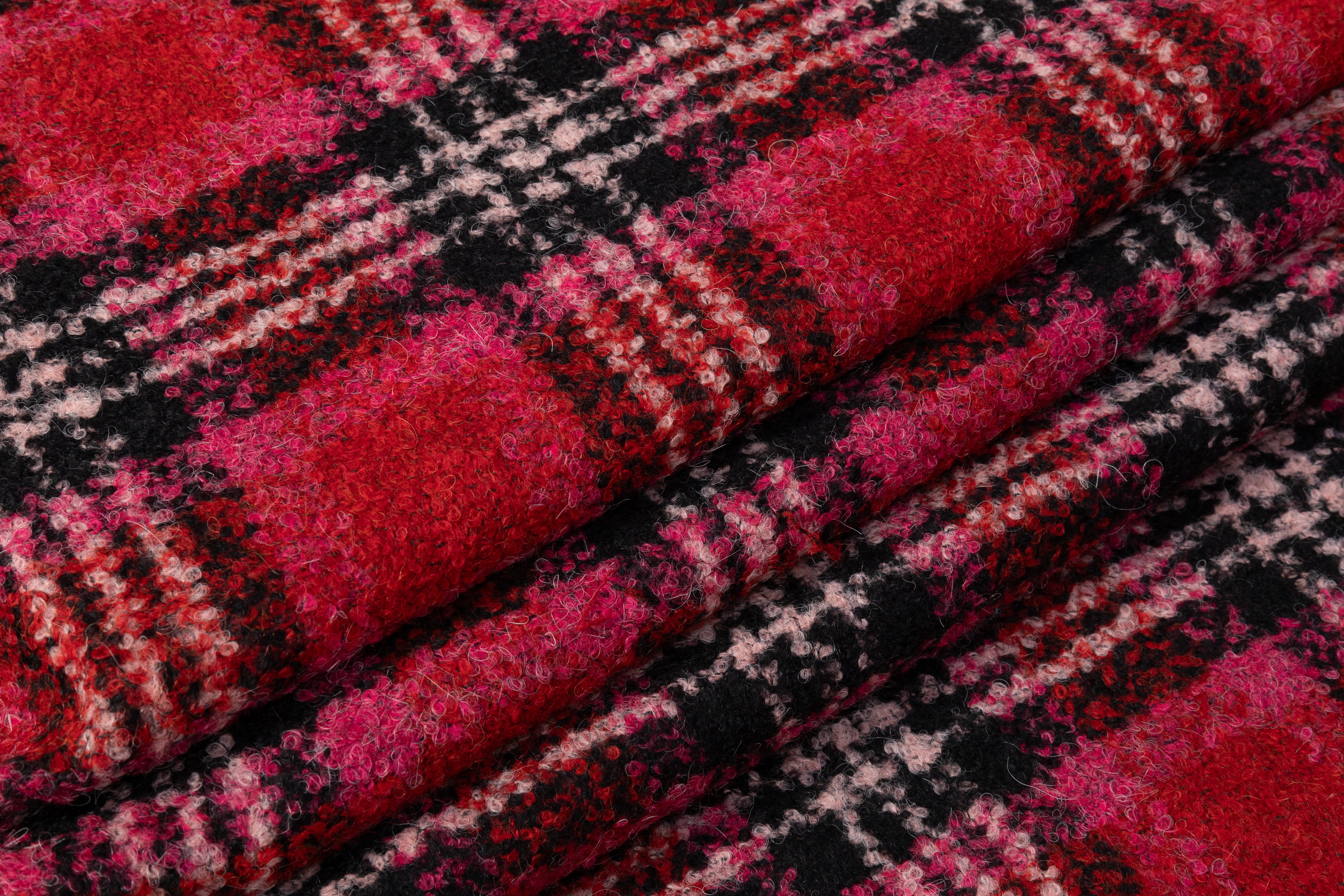 Checked Italian Wool Blend Boucle - Pink / Red / Black