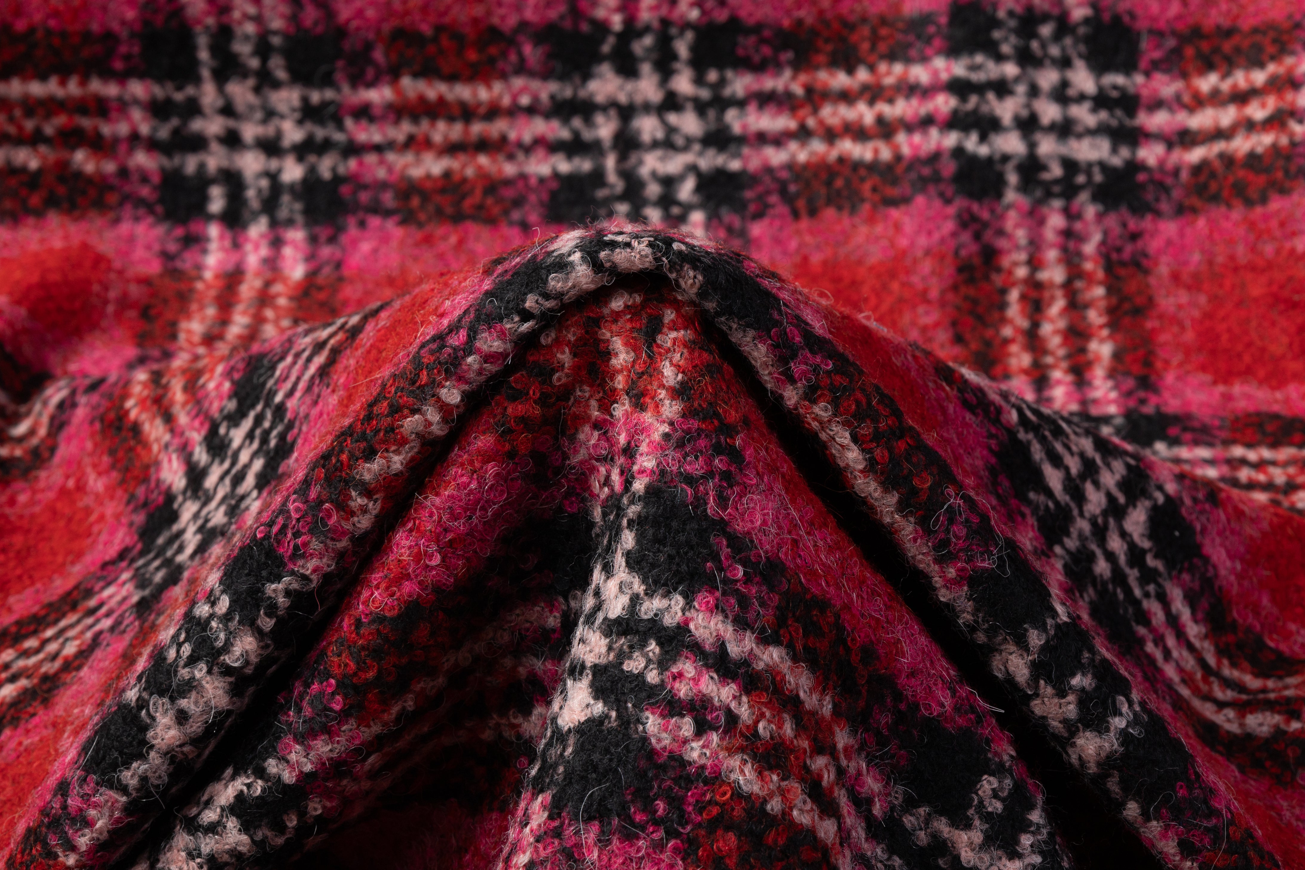 Checked Italian Wool Blend Boucle - Pink / Red / Black