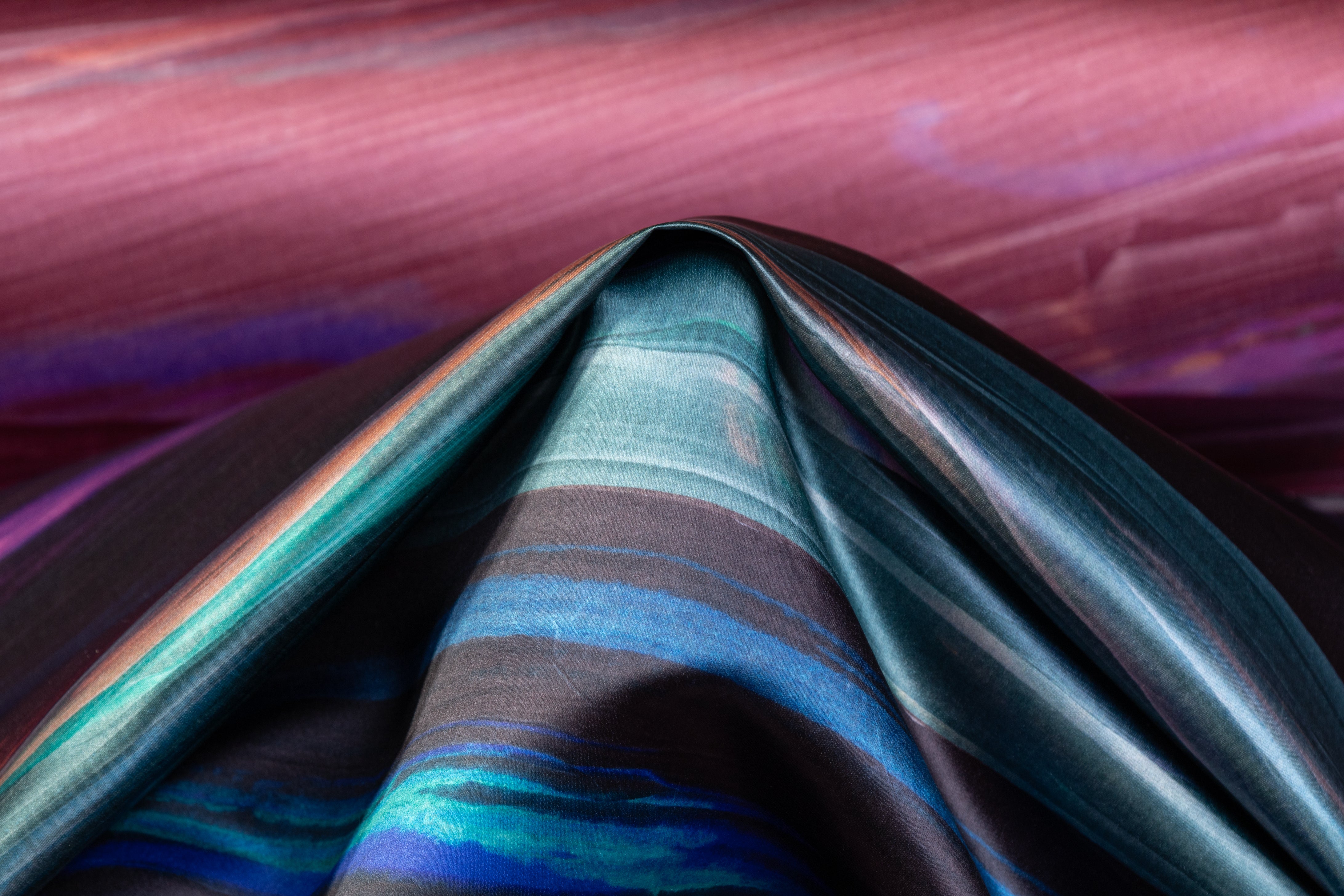 Abstract Italian Heavy Poly Satin - Teal / Mauve