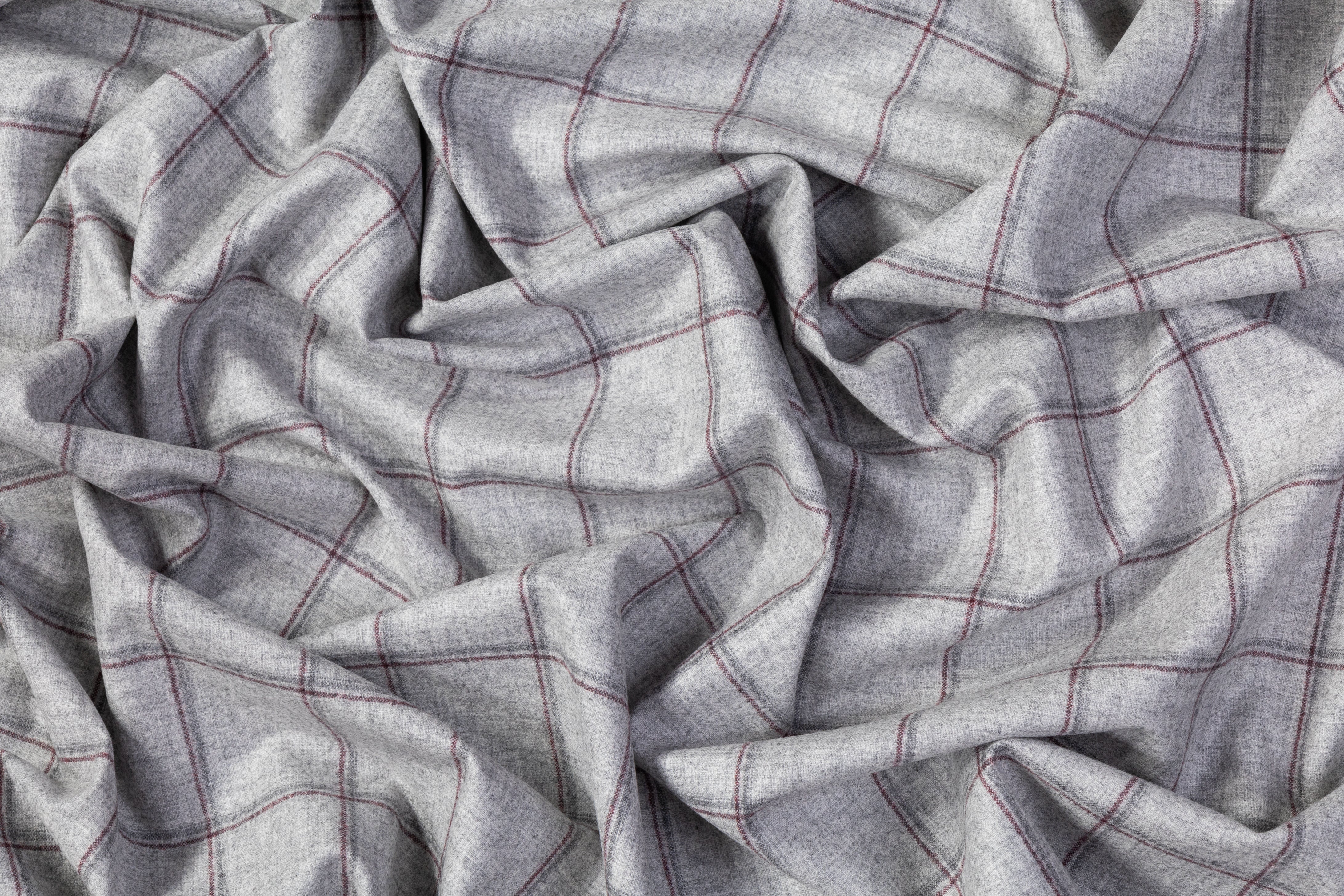 Windowpane Italian Wool Flannel Suiting - Gray / Burgundy