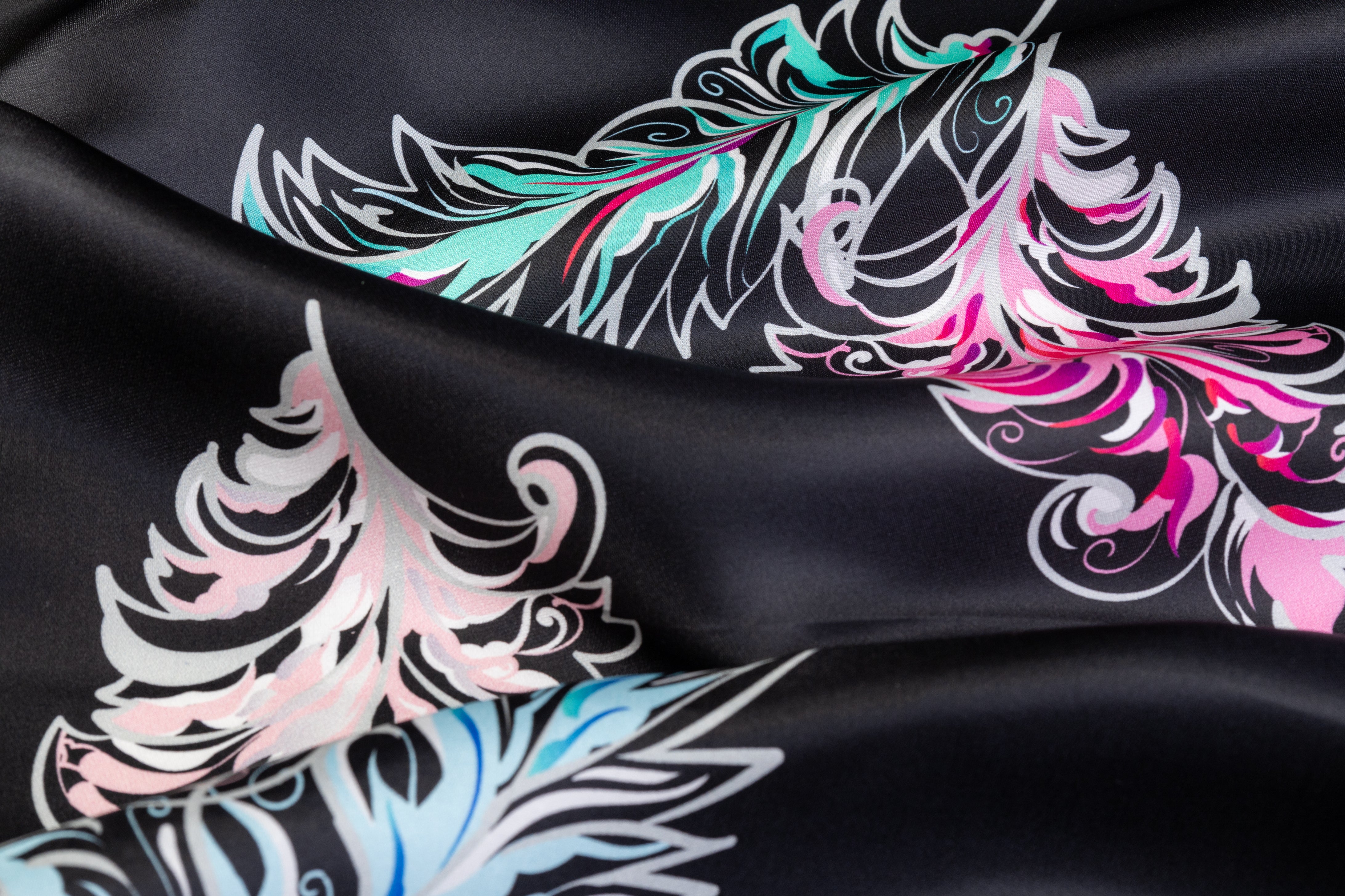 Feather Print Italian Satin Face Silk Gazar - Black / Multicolor