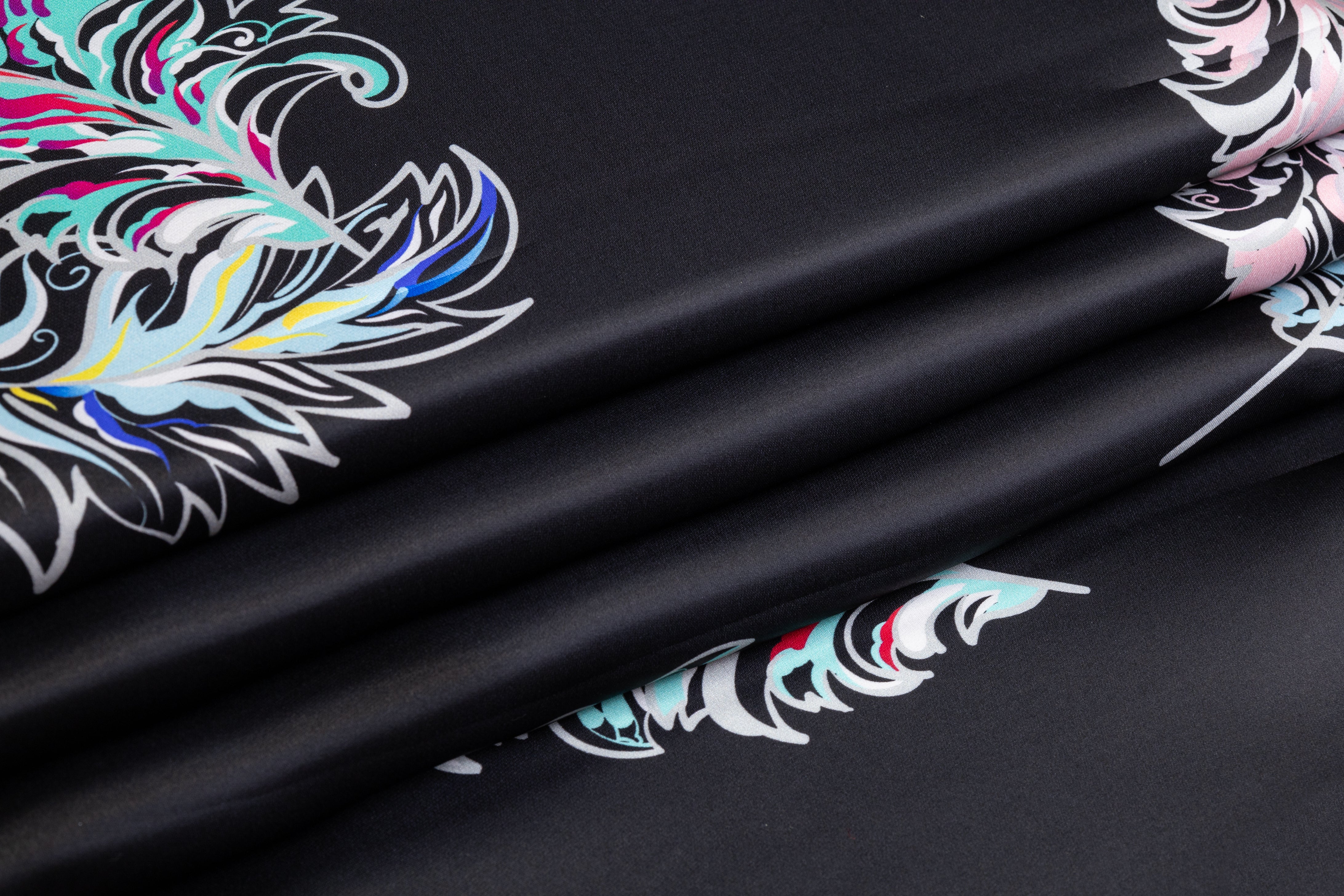 Feather Print Italian Satin Face Silk Gazar - Black / Multicolor