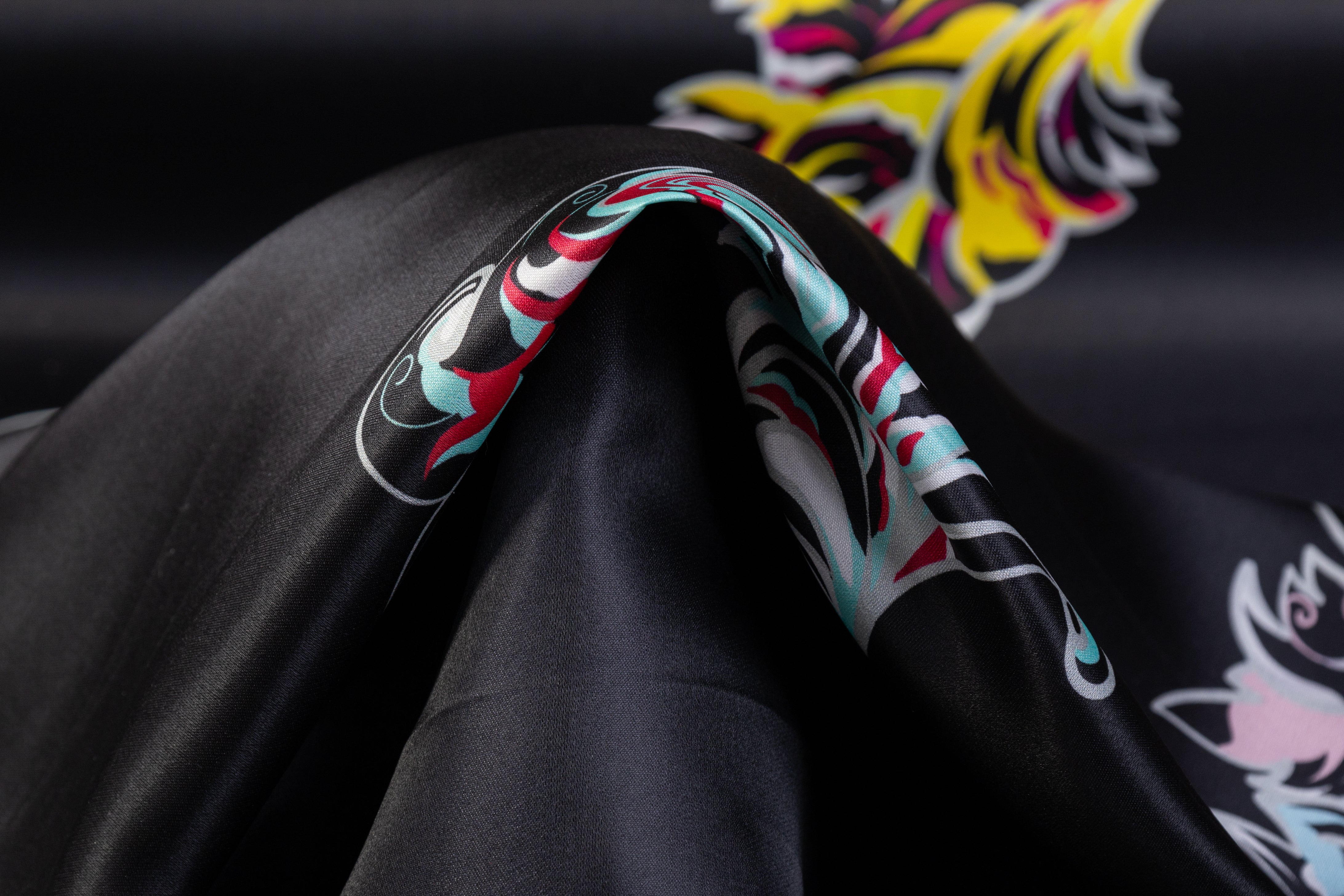Feather Print Italian Satin Face Silk Gazar - Black / Multicolor