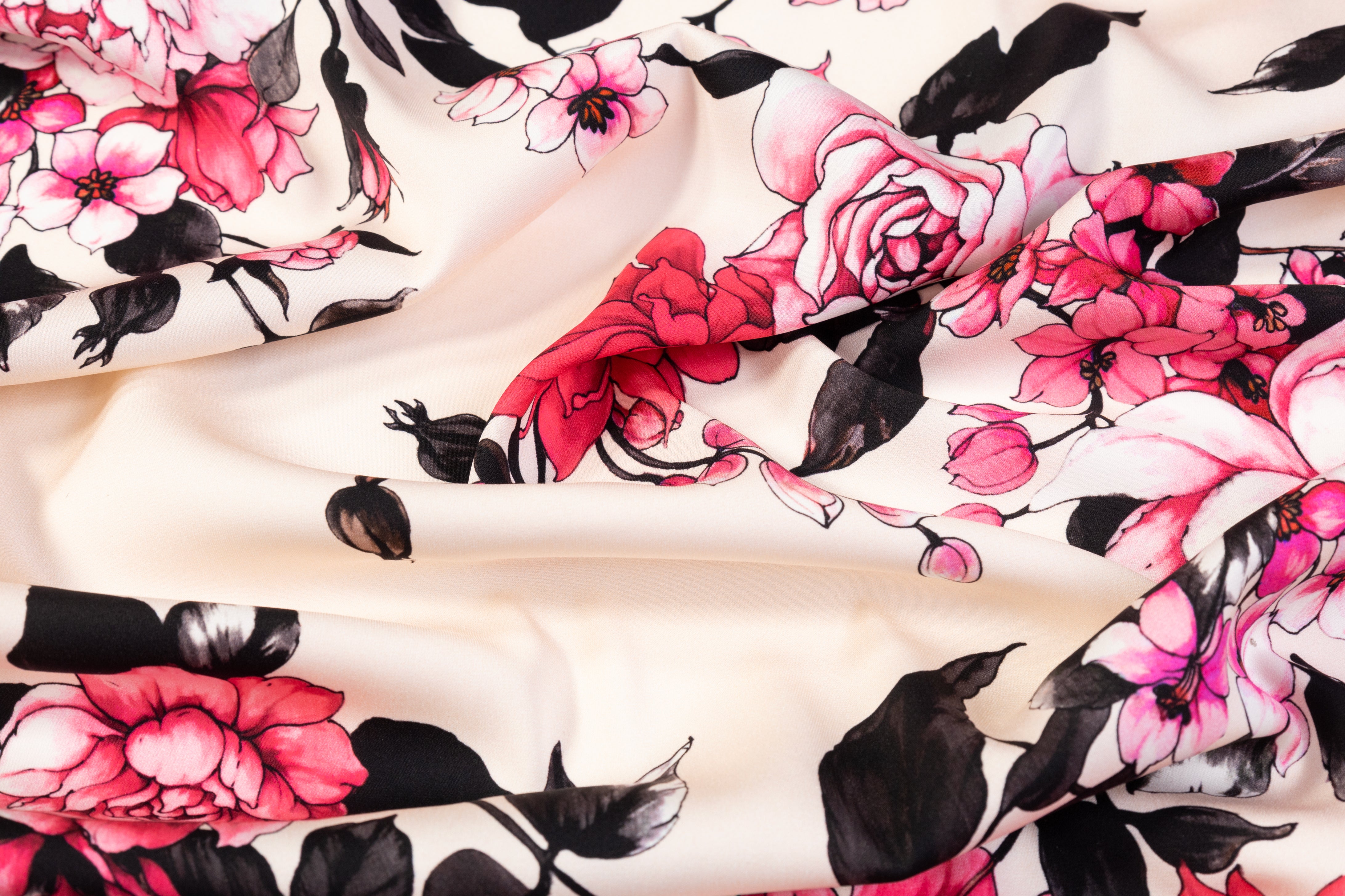 Floral Italian Stretch Silk Crepe - Pink / Black