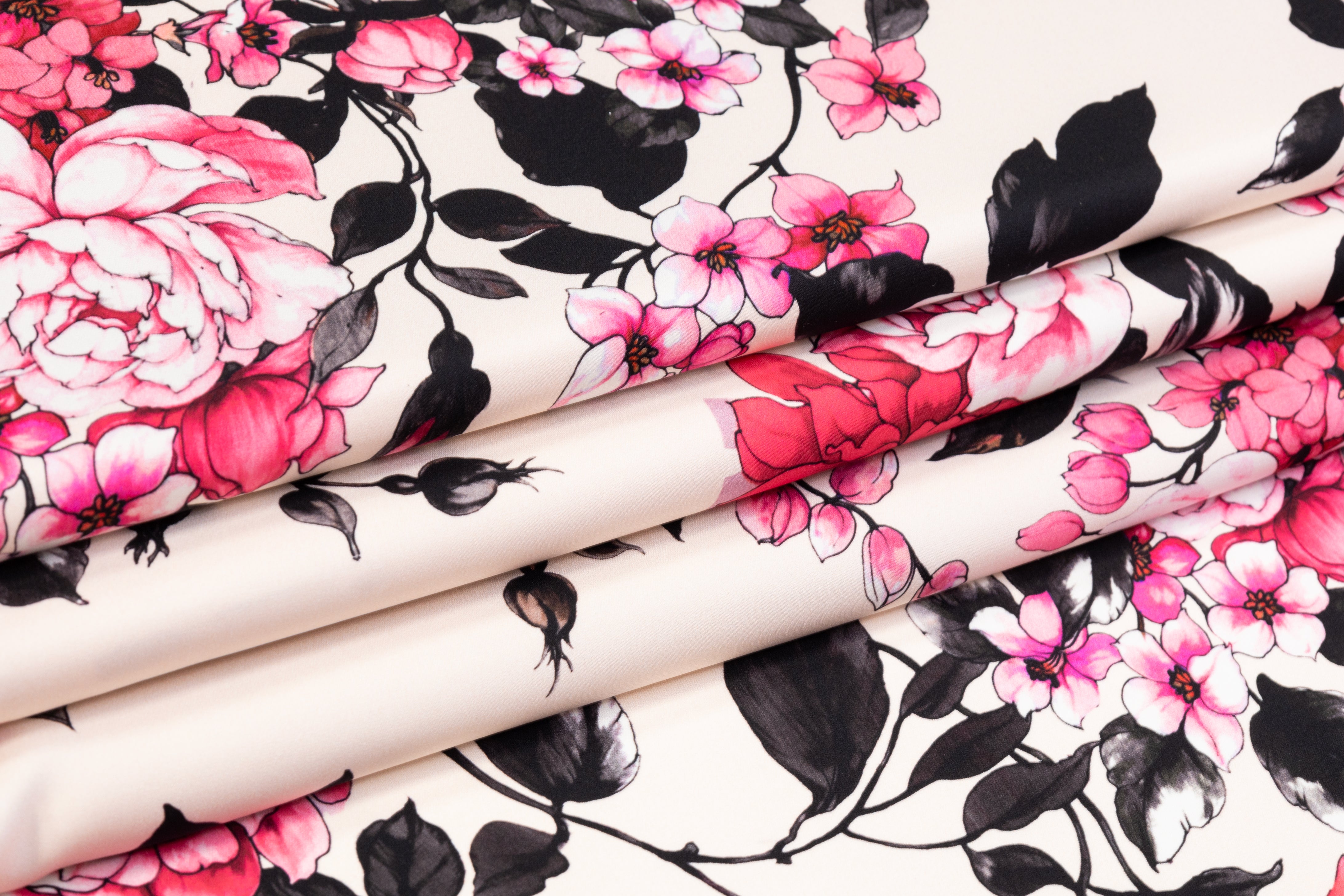 Floral Italian Stretch Silk Crepe - Pink / Black