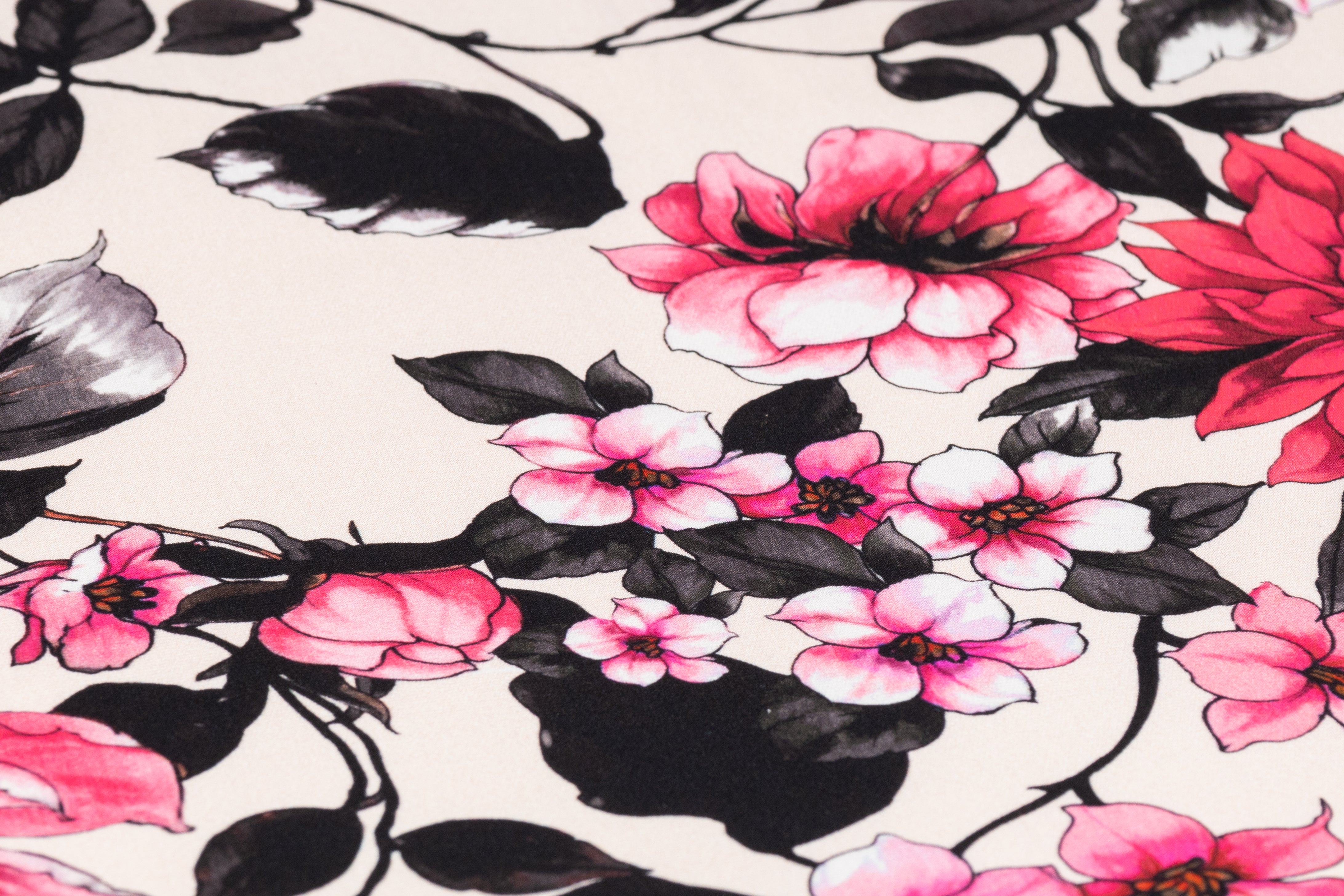 Floral Italian Stretch Silk Crepe - Pink / Black