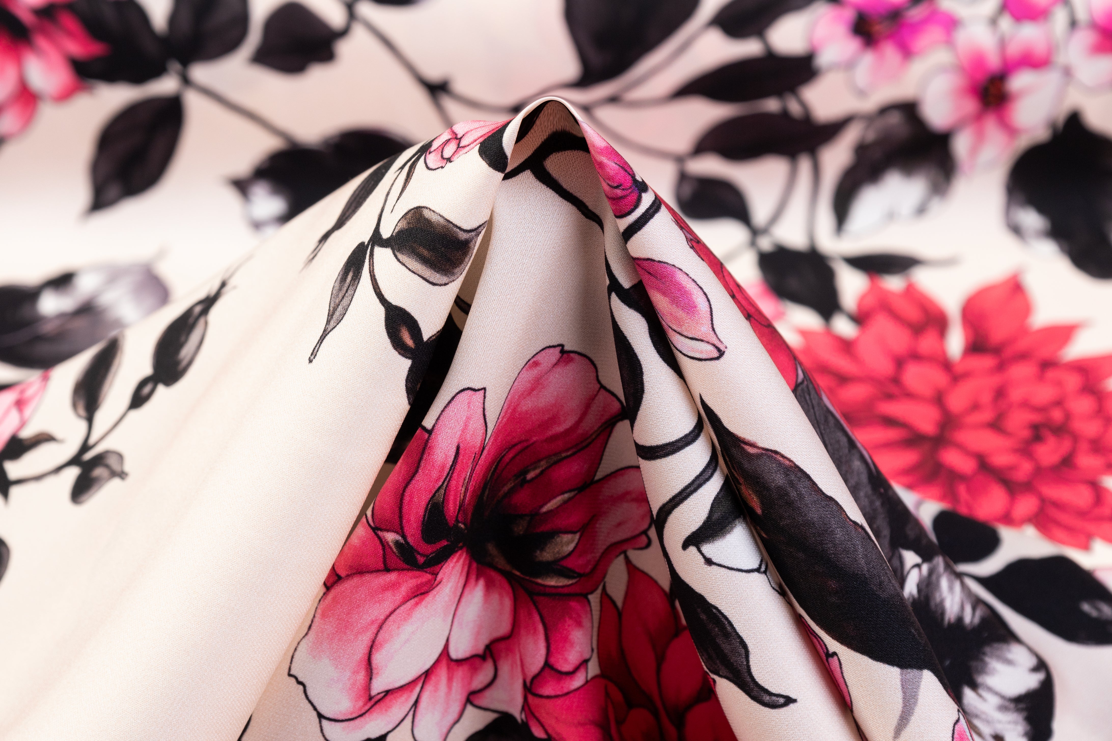 Floral Italian Stretch Silk Crepe - Pink / Black