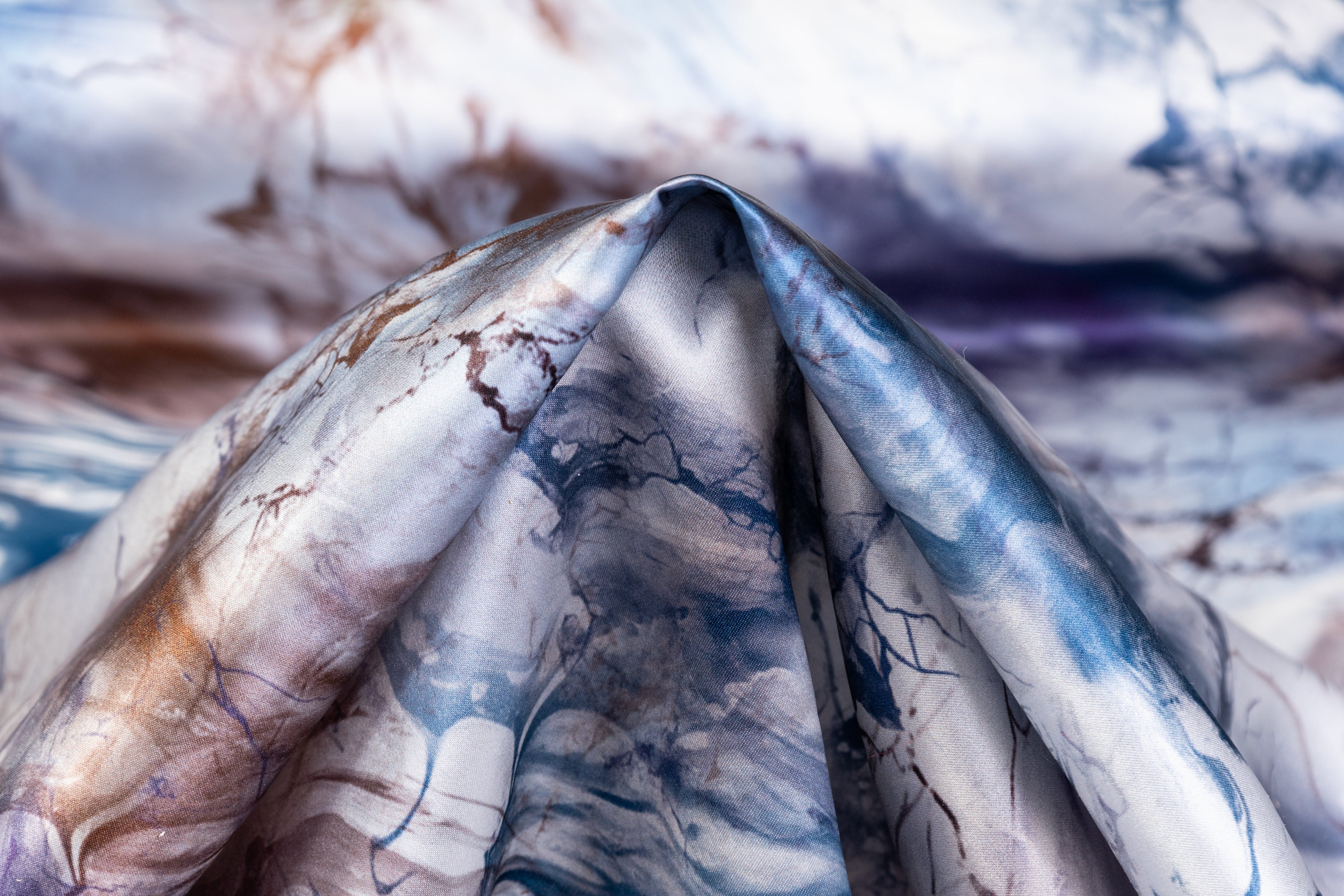 Abstract Italian Silk Charmeuse - Blue / Brown