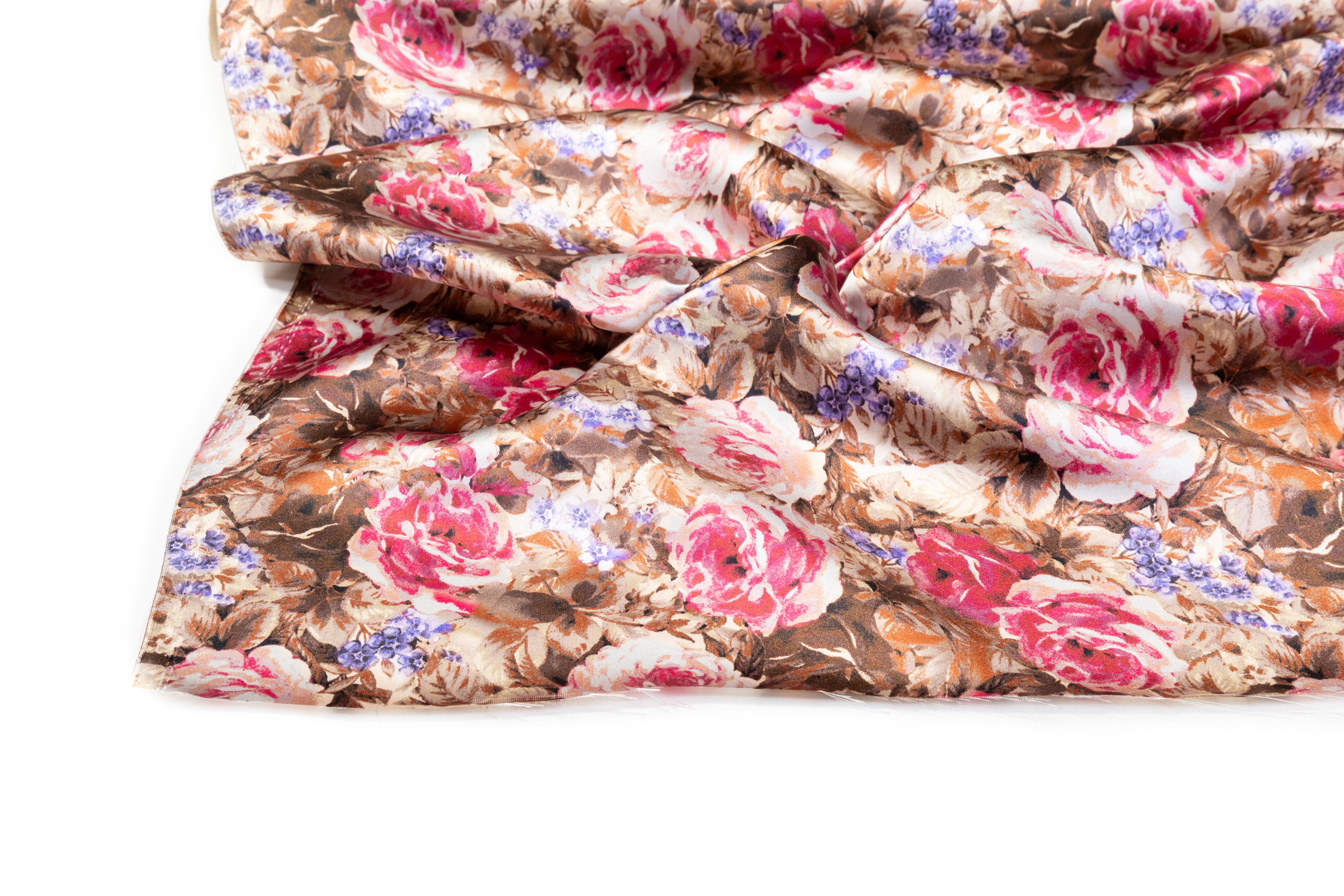 Floral Italian Silk Satin - Brown / Magenta