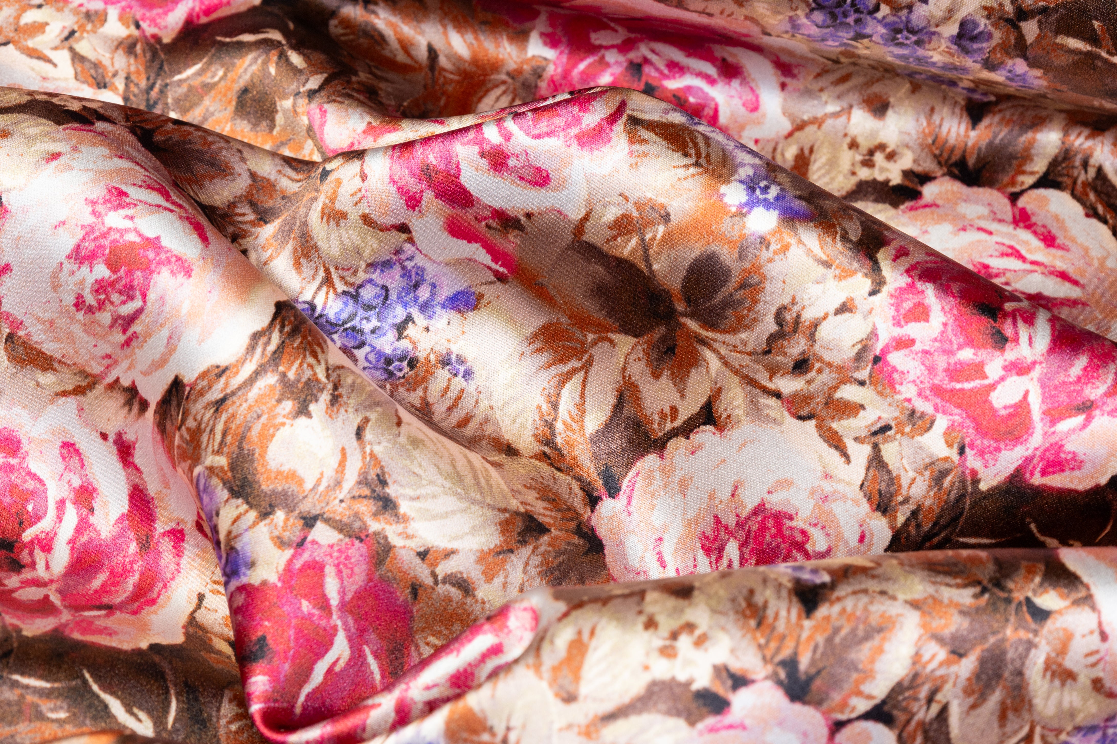 Floral Italian Silk Satin - Brown / Magenta