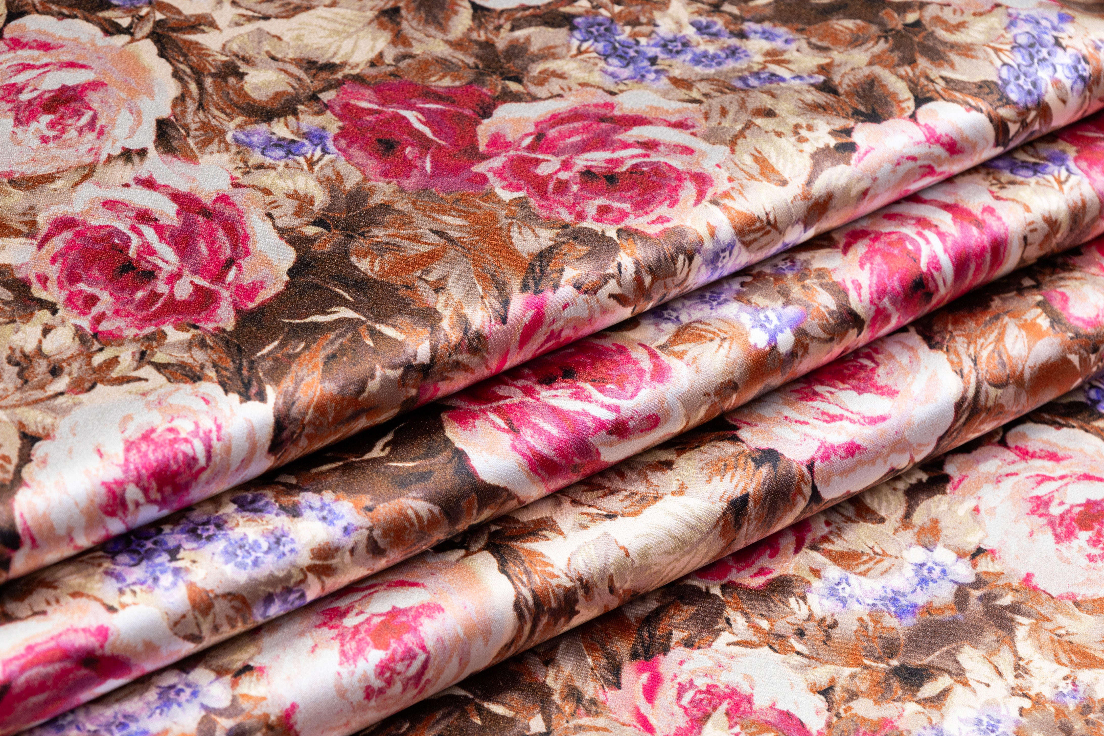Floral Italian Silk Satin - Brown / Magenta