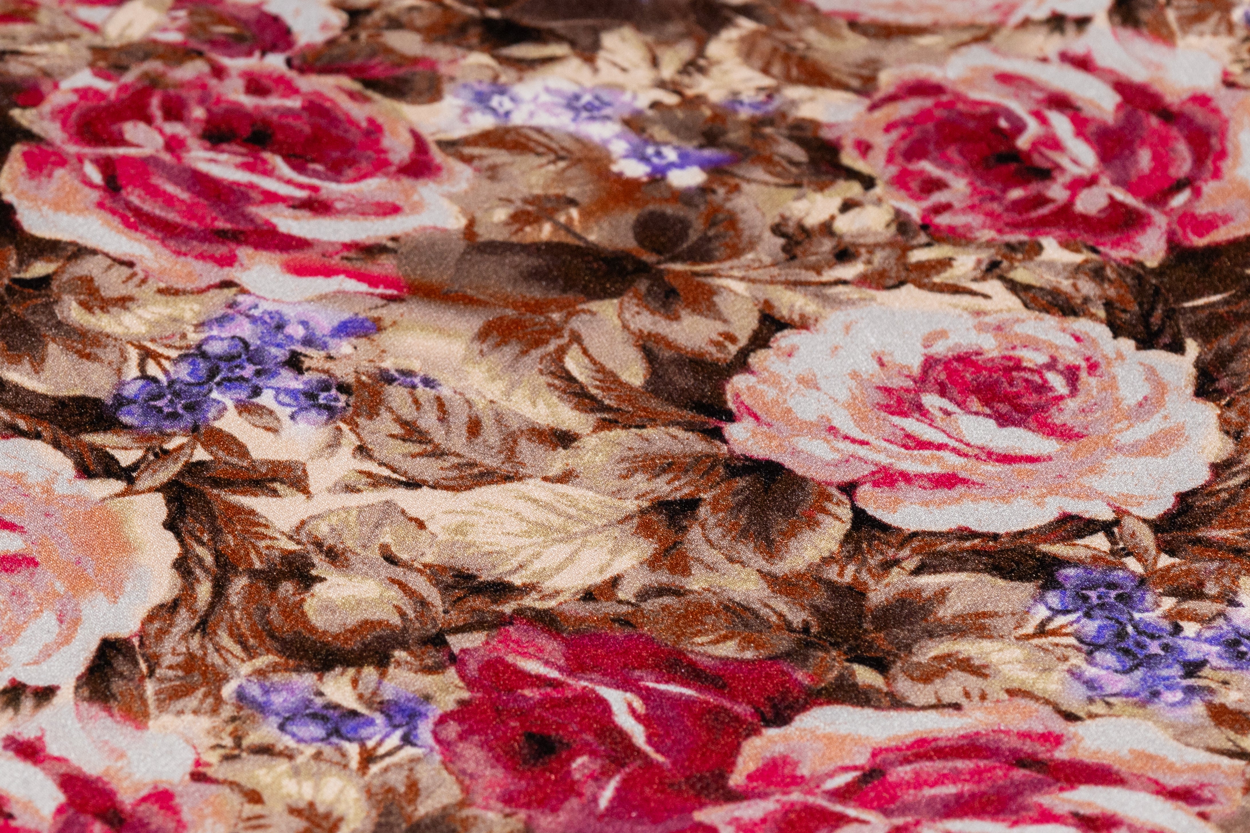 Floral Italian Silk Satin - Brown / Magenta