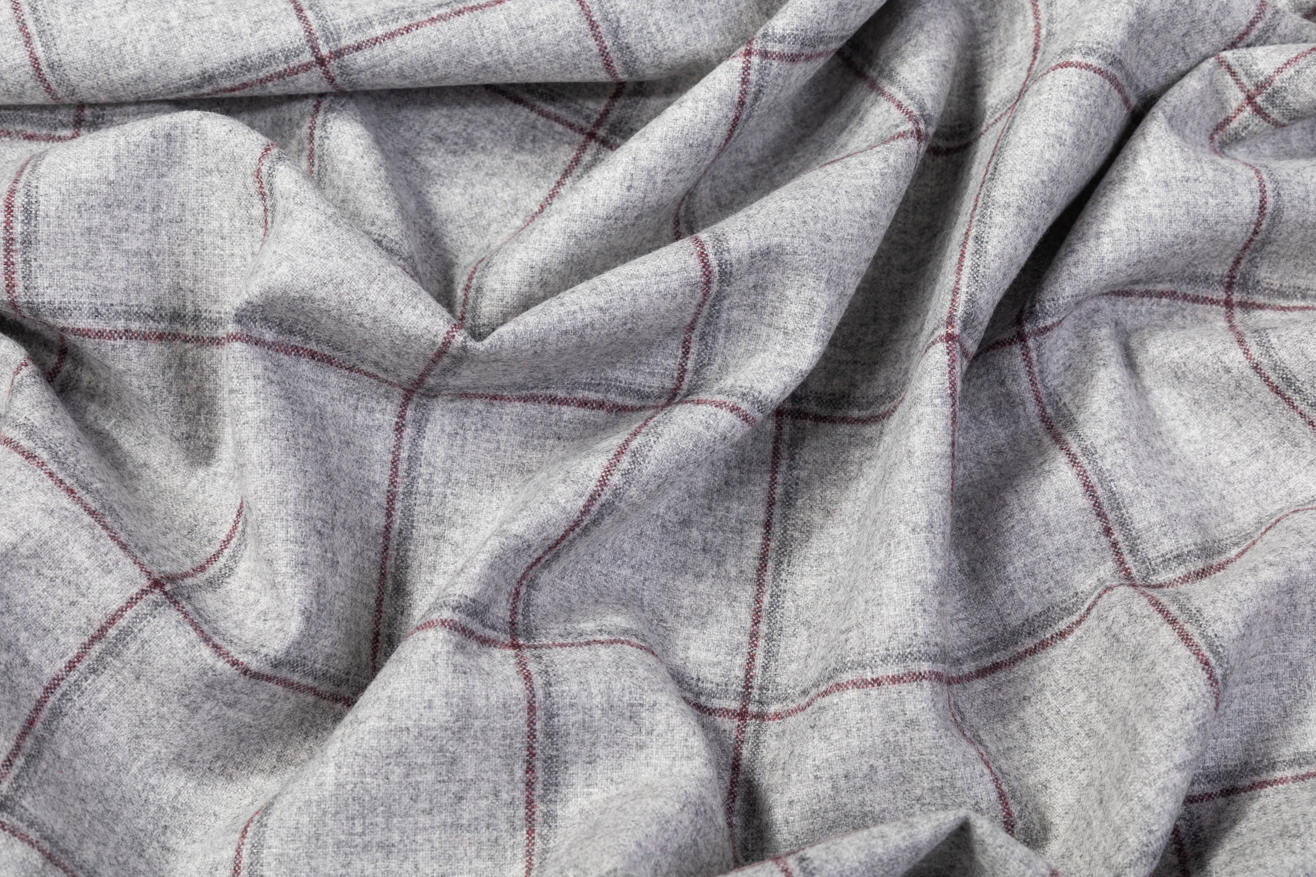 Windowpane Italian Wool Flannel Suiting - Gray / Burgundy