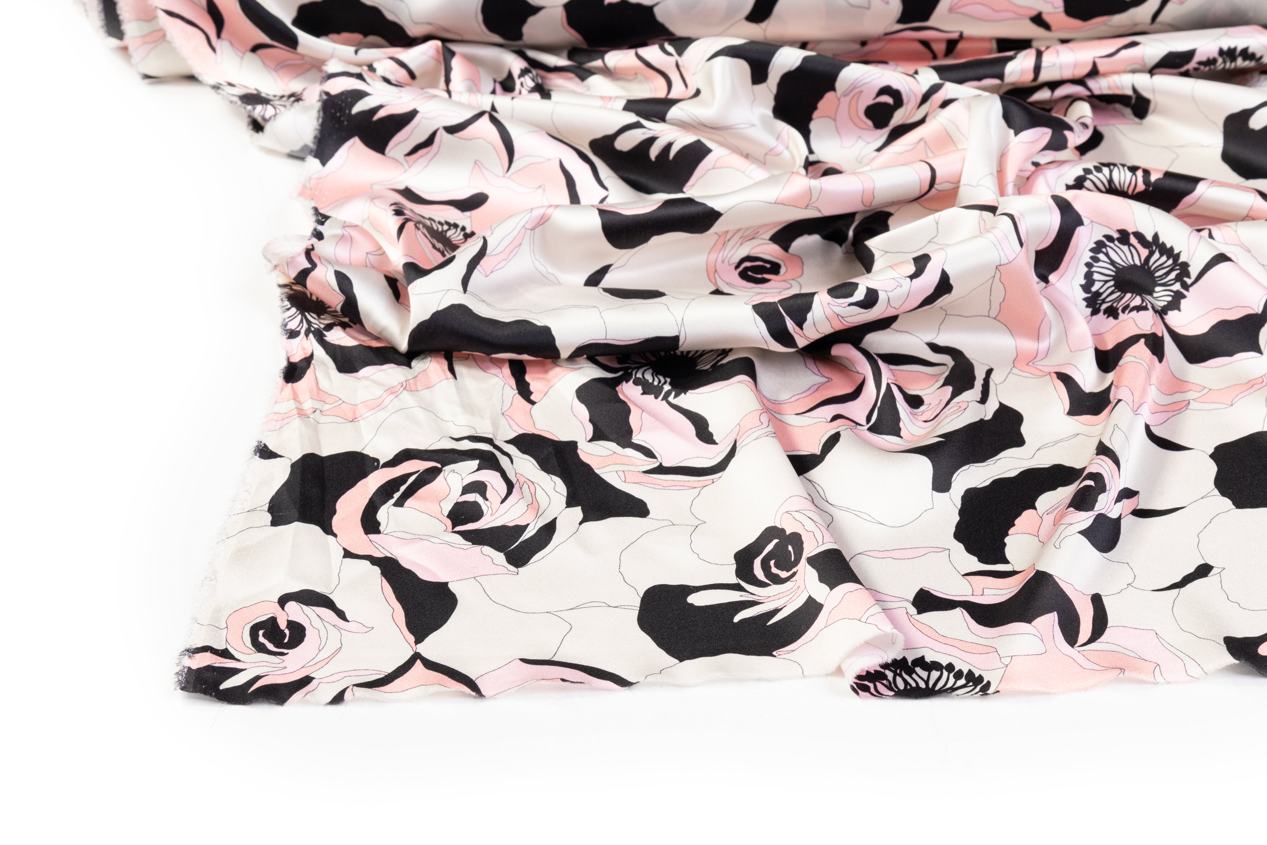 Floral Italian Silk Charmeuse - Ivory / Pink / Black