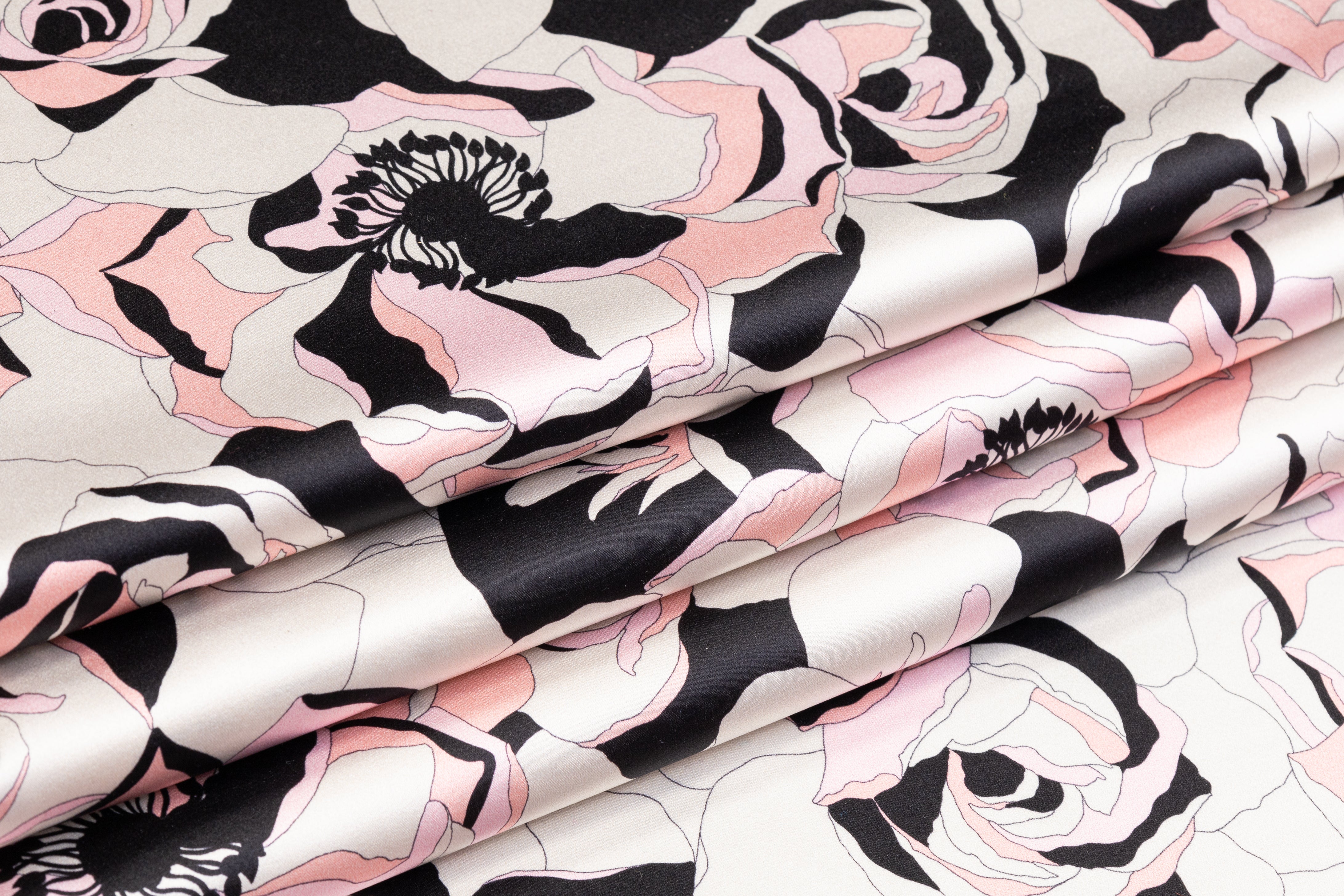 Floral Italian Silk Charmeuse - Ivory / Pink / Black