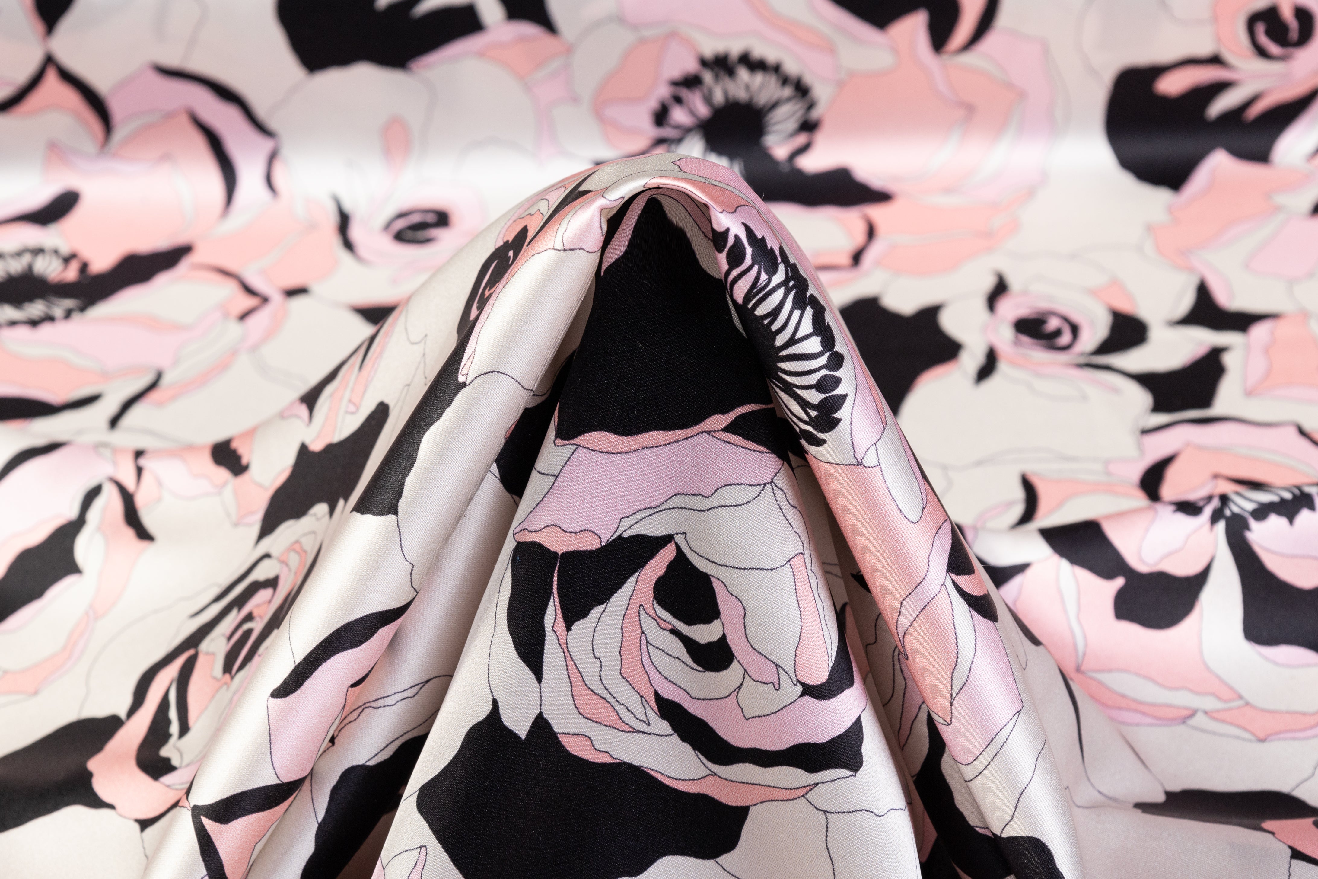 Floral Italian Silk Charmeuse - Ivory / Pink / Black