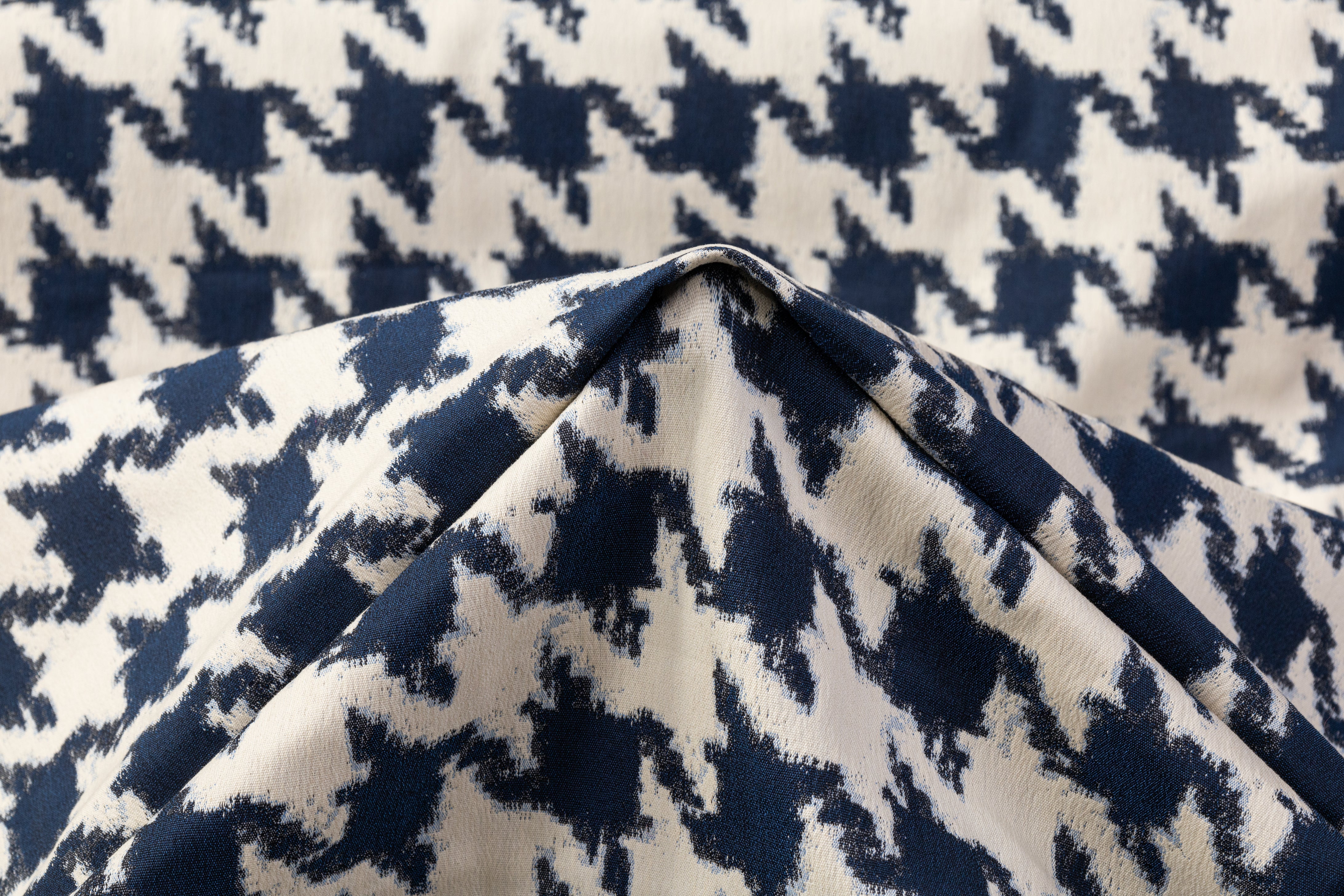 Houndstooth Italian Cotton Nylon Brocade - Blue / Beige